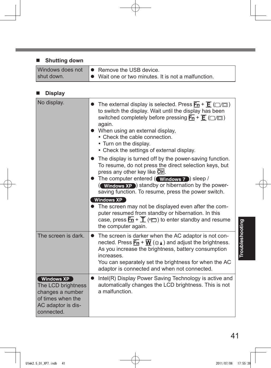 41Troubleshootingn  Shutting downWindows does not shut down.l  Remove the USB device.l  Wait one or two minutes. It is not a malfunction.n  DisplayNo display. l  The external display is selected. Press   +   ( ) to switch the display. Wait until the display has been switched completely before pressing   +   ( ) again.l  When using an external display, Check the cable connection. Turn on the display. Check the settings of external display.l  The display is turned off by the power-saving function. To resume, do not press the direct selection keys, but press any other key like  .l  The computer entered ( ) sleep / ( ) standby or hibernation by the power-saving function. To resume, press the power switch. l  The screen may not be displayed even after the com-puter resumed from standby or hibernation. In this case, press   +   ( ) to enter standby and resume the computer again.The screen is dark. l  The screen is darker when the AC adaptor is not con-nected. Press   +   ( ) and adjust the brightness. As you increase the brightness, battery consumption increases.You can separately set the brightness for when the AC adaptor is connected and when not connected.The LCD brightness changes a number of times when the AC adaptor is dis-connected.l  Intel(R) Display Power Saving Technology is active and automatically changes the LCD brightness. This is not a malfunction.U1mk2.5_OI_XP7.indb   41 2011/07/06   17:55:39