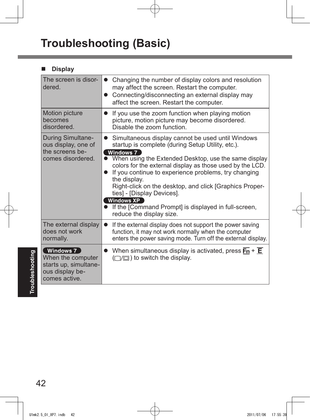 42Troubleshootingn  DisplayThe screen is disor-dered.l  Changing the number of display colors and resolution may affect the screen. Restart the computer.l  Connecting/disconnecting an external display may affect the screen. Restart the computer.Motion picture becomes disordered.l  If you use the zoom function when playing motion picture, motion picture may become disordered. Disable the zoom function.During Simultane-ous display, one of the screens be-comes disordered.l  Simultaneous display cannot be used until Windows startup is complete (during Setup Utility, etc.). l When using the Extended Desktop, use the same display colors for the external display as those used by the LCD.l  If you continue to experience problems, try changing the display. Right-click on the desktop, and click [Graphics Proper-ties] - [Display Devices]. l  If the [Command Prompt] is displayed in full-screen, reduce the display size.The external display does not work normally.l If the external display does not support the power saving function, it may not work normally when the computer enters the power saving mode. Turn off the external display. When the computer starts up, simultane-ous display be-comes active.l  When simultaneous display is activated, press   +   ( ) to switch the display.Troubleshooting (Basic)U1mk2.5_OI_XP7.indb   42 2011/07/06   17:55:39