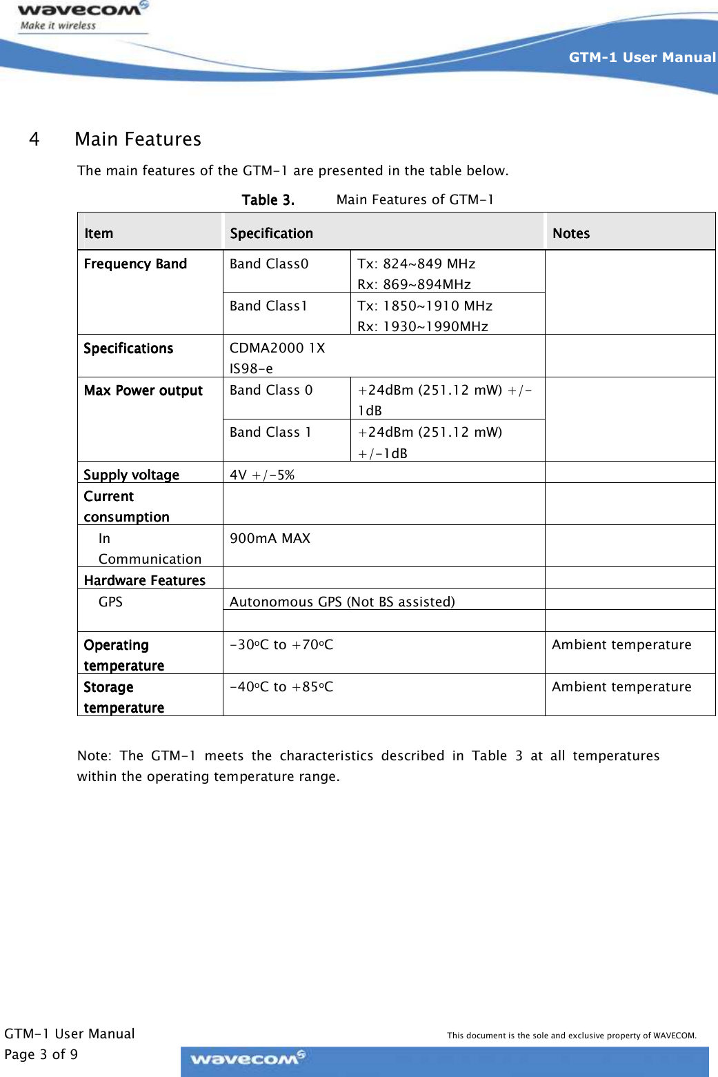     GTM-1 User Manual This document is the sole and exclusive property of WAVECOM. Page 3 of 9 GTM-1 User Manual     4 Main Features The main features of the GTM-1 are presented in the table below. Table 3.Table 3.Table 3.Table 3. Main Features of GTM-1 ItemItemItemItem     SpecificationSpecificationSpecificationSpecification     NotesNotesNotesNotes    Band Class0  Tx: 824~849 MHz Rx: 869~894MHz Frequency BandFrequency BandFrequency BandFrequency Band    Band Class1   Tx: 1850~1910 MHz Rx: 1930~1990MHz  SpecificationsSpecificationsSpecificationsSpecifications     CDMA2000 1X IS98-e  Band Class 0   +24dBm (251.12 mW) +/-1dB Max Power outputMax Power outputMax Power outputMax Power output    Band Class 1  +24dBm (251.12 mW)  +/-1dB  Supply voltageSupply voltageSupply voltageSupply voltage     4V +/-5%   Current Current Current Current consumptionconsumptionconsumptionconsumption        In Communication 900mA MAX    Hardware FeaturesHardware FeaturesHardware FeaturesHardware Features         Autonomous GPS (Not BS assisted)    GPS    Operating Operating Operating Operating temperaturetemperaturetemperaturetemperature    -30oC to +70oC  Ambient temperature Storage Storage Storage Storage temperaturetemperaturetemperaturetemperature    -40oC to +85oC  Ambient temperature  Note:  The  GTM-1  meets  the  characteristics  described  in  Table  3  at  all  temperatures within the operating temperature range. 