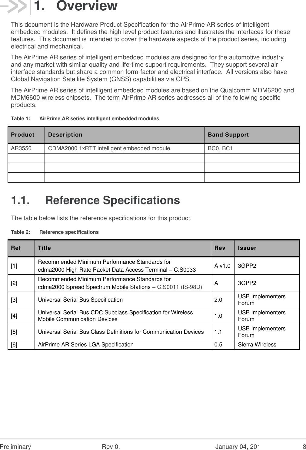  Preliminary  Rev 0.  January 04, 201  8 1.  Overview This document is the Hardware Product Specification for the AirPrime AR series of intelligent embedded modules.  It defines the high level product features and illustrates the interfaces for these features.  This document is intended to cover the hardware aspects of the product series, including electrical and mechanical. The AirPrime AR series of intelligent embedded modules are designed for the automotive industry and any market with similar quality and life-time support requirements.  They support several air interface standards but share a common form-factor and electrical interface.  All versions also have Global Navigation Satellite System (GNSS) capabilities via GPS. The AirPrime AR series of intelligent embedded modules are based on the Qualcomm MDM6200 and MDM6600 wireless chipsets.  The term AirPrime AR series addresses all of the following specific products. Table 1:  AirPrime AR series intelligent embedded modules Product Description Band Support AR3550 CDMA2000 1xRTT intelligent embedded module BC0, BC1          1.1.  Reference Specifications The table below lists the reference specifications for this product. Table 2:  Reference specifications Ref Title Rev Issuer [1] Recommended Minimum Performance Standards for cdma2000 High Rate Packet Data Access Terminal – C.S0033 A v1.0 3GPP2 [2] Recommended Minimum Performance Standards for cdma2000 Spread Spectrum Mobile Stations – C.S0011 (IS-98D) A 3GPP2 [3] Universal Serial Bus Specification 2.0 USB Implementers Forum [4] Universal Serial Bus CDC Subclass Specification for Wireless Mobile Communication Devices 1.0 USB Implementers Forum [5] Universal Serial Bus Class Definitions for Communication Devices 1.1 USB Implementers Forum [6] AirPrime AR Series LGA Specification 0.5 Sierra Wireless  