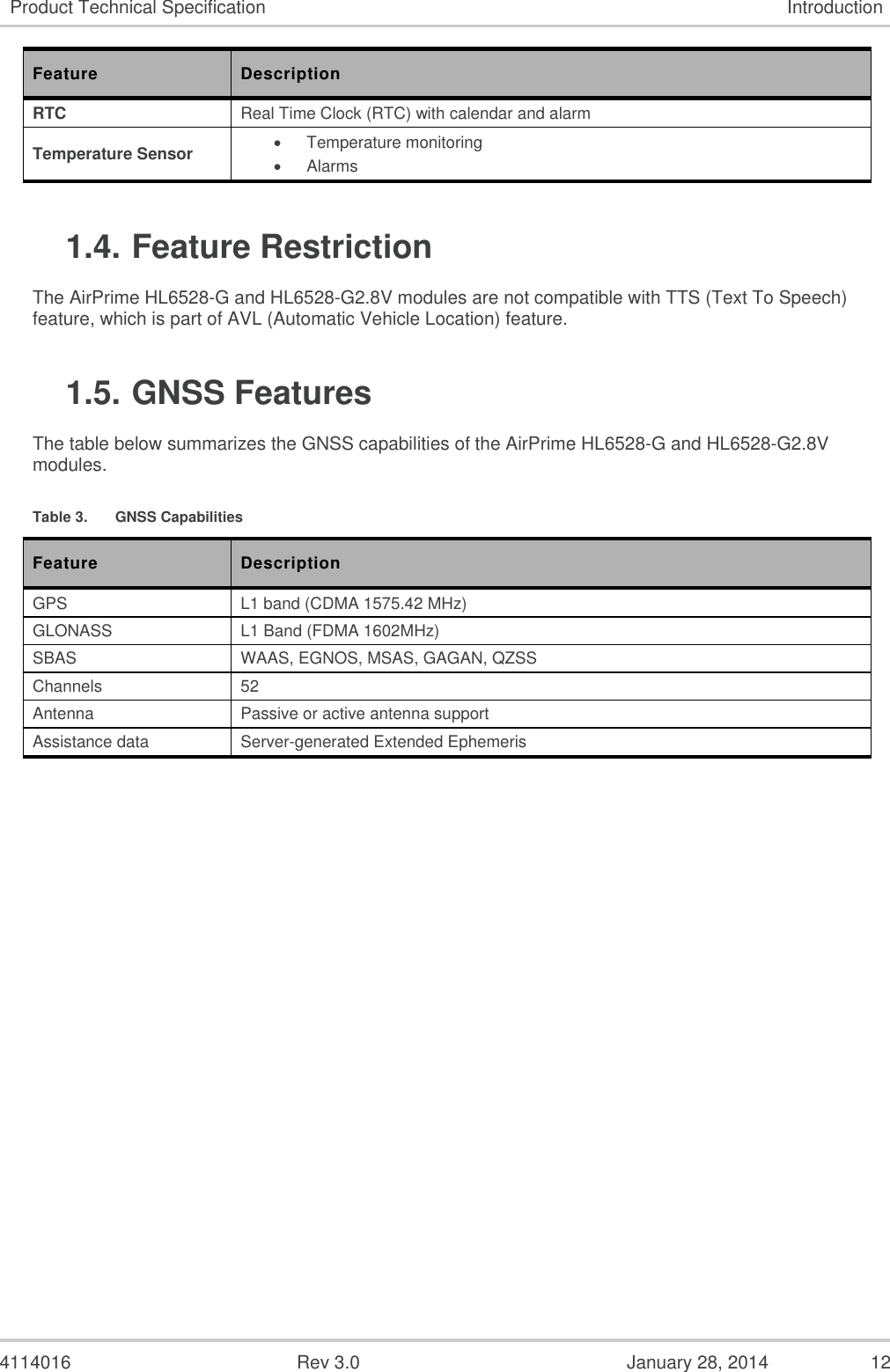  4114016  Rev 3.0  January 28, 2014  12 Product Technical Specification Introduction Feature Description RTC Real Time Clock (RTC) with calendar and alarm Temperature Sensor   Temperature monitoring   Alarms 1.4. Feature Restriction The AirPrime HL6528-G and HL6528-G2.8V modules are not compatible with TTS (Text To Speech) feature, which is part of AVL (Automatic Vehicle Location) feature. 1.5. GNSS Features The table below summarizes the GNSS capabilities of the AirPrime HL6528-G and HL6528-G2.8V modules. Table 3.  GNSS Capabilities Feature Description GPS L1 band (CDMA 1575.42 MHz) GLONASS  L1 Band (FDMA 1602MHz) SBAS WAAS, EGNOS, MSAS, GAGAN, QZSS Channels 52 Antenna Passive or active antenna support Assistance data Server-generated Extended Ephemeris    