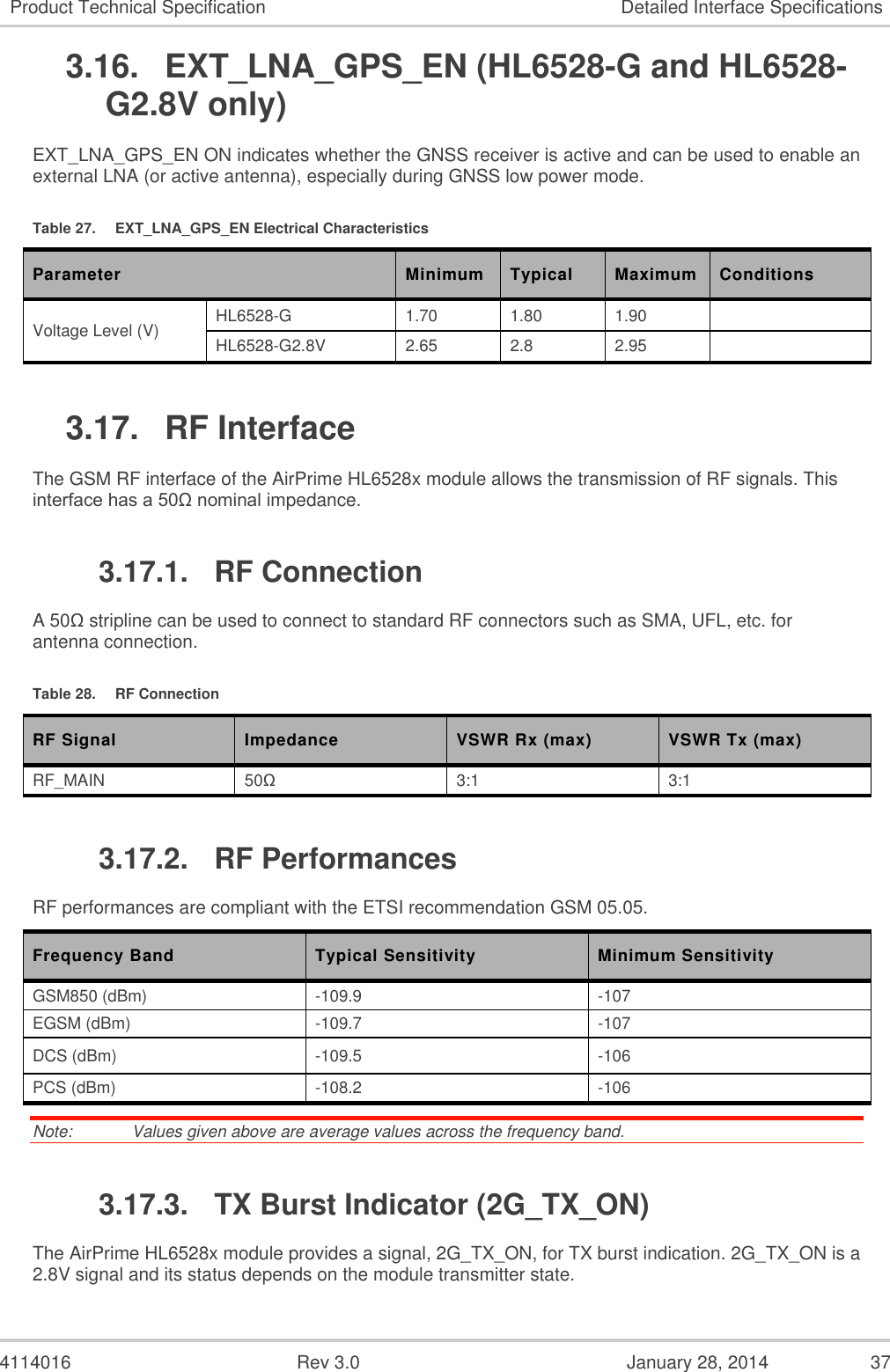  4114016  Rev 3.0  January 28, 2014  37 Product Technical Specification Detailed Interface Specifications 3.16.  EXT_LNA_GPS_EN (HL6528-G and HL6528-G2.8V only) EXT_LNA_GPS_EN ON indicates whether the GNSS receiver is active and can be used to enable an external LNA (or active antenna), especially during GNSS low power mode. Table 27.  EXT_LNA_GPS_EN Electrical Characteristics Parameter Minimum Typical Maximum Conditions Voltage Level (V) HL6528-G 1.70 1.80 1.90  HL6528-G2.8V 2.65 2.8 2.95  3.17.  RF Interface The GSM RF interface of the AirPrime HL6528x module allows the transmission of RF signals. This interface has a 50Ω nominal impedance. 3.17.1.  RF Connection A 50Ω stripline can be used to connect to standard RF connectors such as SMA, UFL, etc. for antenna connection. Table 28.  RF Connection RF Signal Impedance VSWR Rx (max) VSWR Tx (max) RF_MAIN 50Ω 3:1 3:1 3.17.2.  RF Performances RF performances are compliant with the ETSI recommendation GSM 05.05. Frequency Band  Typical Sensitivity Minimum Sensitivity GSM850 (dBm) -109.9 -107 EGSM (dBm) -109.7 -107 DCS (dBm) -109.5 -106 PCS (dBm) -108.2 -106 Note:   Values given above are average values across the frequency band. 3.17.3.  TX Burst Indicator (2G_TX_ON) The AirPrime HL6528x module provides a signal, 2G_TX_ON, for TX burst indication. 2G_TX_ON is a 2.8V signal and its status depends on the module transmitter state. 