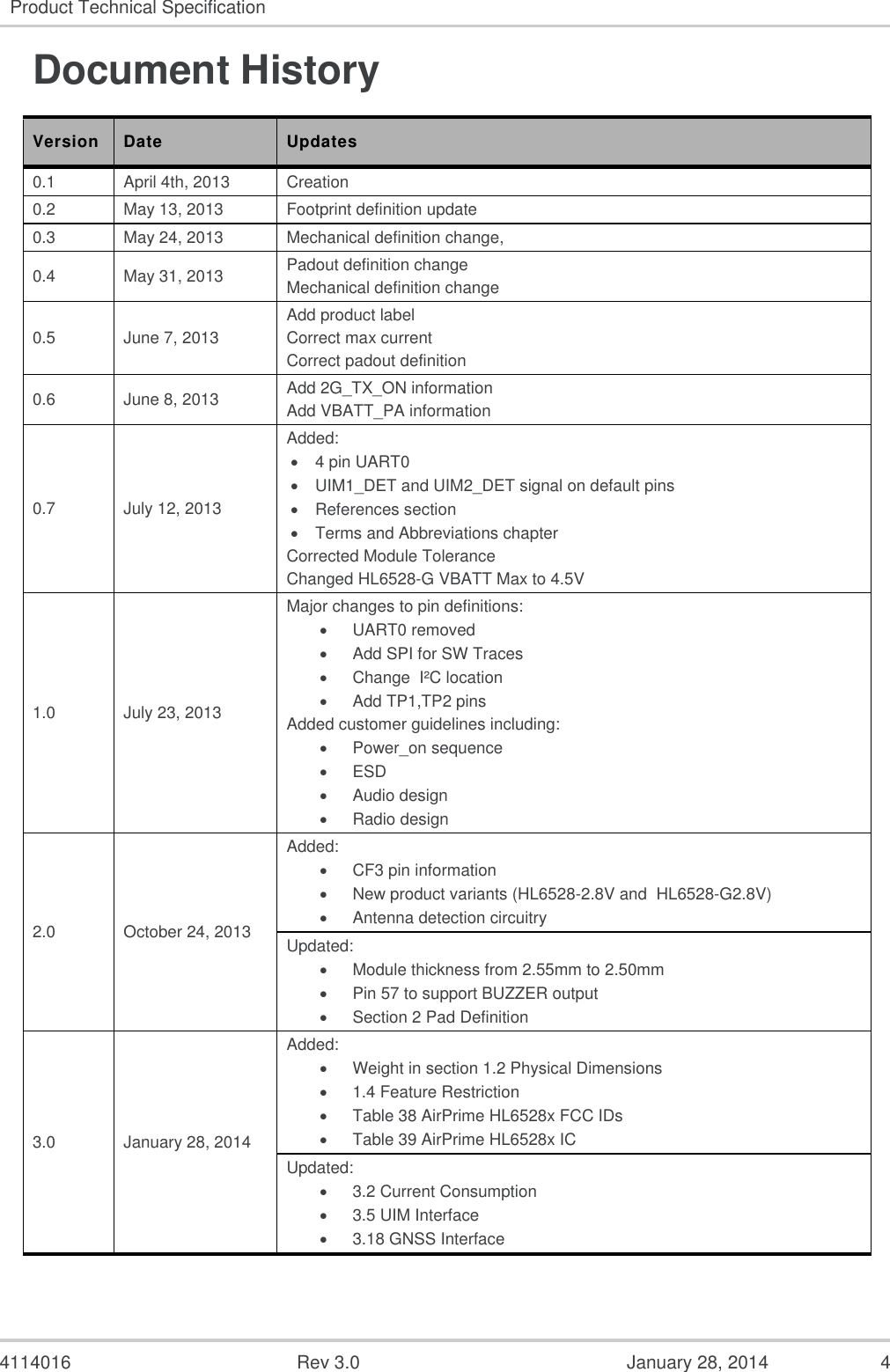  4114016  Rev 3.0  January 28, 2014  4 Product Technical Specification  Document History Version Date Updates 0.1 April 4th, 2013 Creation 0.2 May 13, 2013 Footprint definition update 0.3 May 24, 2013 Mechanical definition change,  0.4 May 31, 2013 Padout definition change Mechanical definition change 0.5 June 7, 2013 Add product label Correct max current Correct padout definition 0.6 June 8, 2013 Add 2G_TX_ON information Add VBATT_PA information 0.7 July 12, 2013 Added:   4 pin UART0   UIM1_DET and UIM2_DET signal on default pins   References section   Terms and Abbreviations chapter Corrected Module Tolerance Changed HL6528-G VBATT Max to 4.5V  1.0 July 23, 2013 Major changes to pin definitions:   UART0 removed   Add SPI for SW Traces   Change  I²C location   Add TP1,TP2 pins Added customer guidelines including:   Power_on sequence  ESD   Audio design   Radio design 2.0 October 24, 2013 Added:   CF3 pin information   New product variants (HL6528-2.8V and  HL6528-G2.8V)   Antenna detection circuitry Updated:   Module thickness from 2.55mm to 2.50mm   Pin 57 to support BUZZER output   Section 2 Pad Definition 3.0 January 28, 2014 Added:   Weight in section 1.2 Physical Dimensions   1.4 Feature Restriction   Table 38 AirPrime HL6528x FCC IDs   Table 39 AirPrime HL6528x IC  Updated:   3.2 Current Consumption   3.5 UIM Interface   3.18 GNSS Interface 