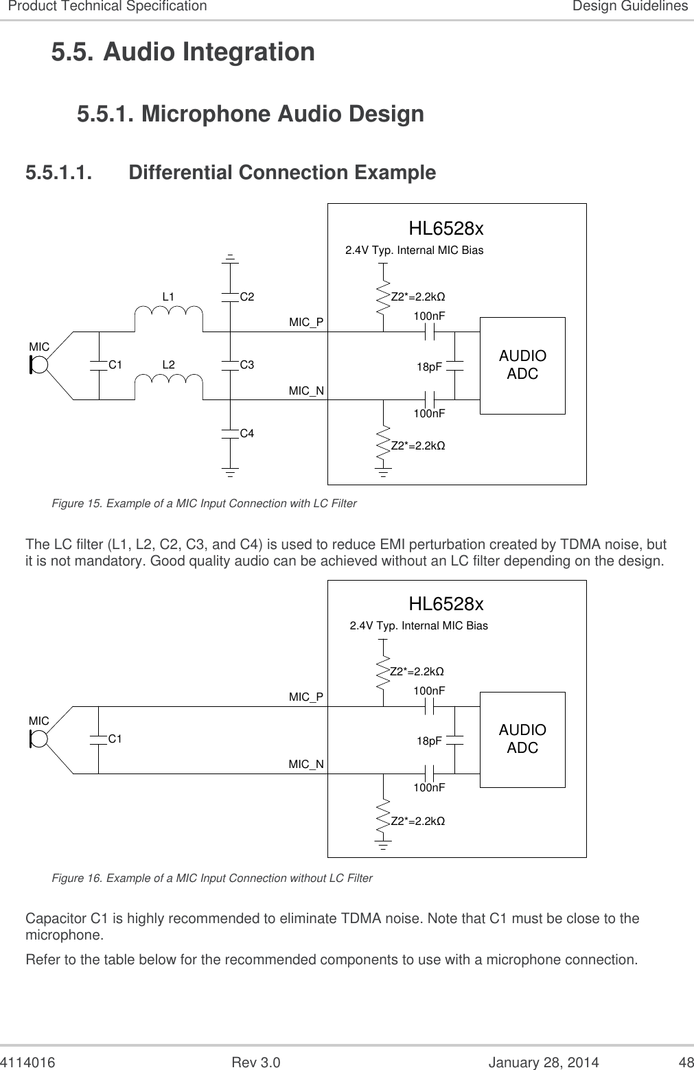  4114016  Rev 3.0  January 28, 2014  48 Product Technical Specification Design Guidelines 5.5. Audio Integration 5.5.1. Microphone Audio Design 5.5.1.1.  Differential Connection Example MICL1AUDIO ADC2.4V Typ. Internal MIC BiasZ2*=2.2kΩ100nF100nF18pFMIC_PMIC_NL2C1C2C3C4HL6528xZ2*=2.2kΩ Figure 15. Example of a MIC Input Connection with LC Filter The LC filter (L1, L2, C2, C3, and C4) is used to reduce EMI perturbation created by TDMA noise, but it is not mandatory. Good quality audio can be achieved without an LC filter depending on the design. MIC AUDIO ADC2.4V Typ. Internal MIC BiasZ2*=2.2kΩ100nF100nF18pFMIC_PMIC_NC1HL6528xZ2*=2.2kΩ Figure 16. Example of a MIC Input Connection without LC Filter Capacitor C1 is highly recommended to eliminate TDMA noise. Note that C1 must be close to the microphone. Refer to the table below for the recommended components to use with a microphone connection. 