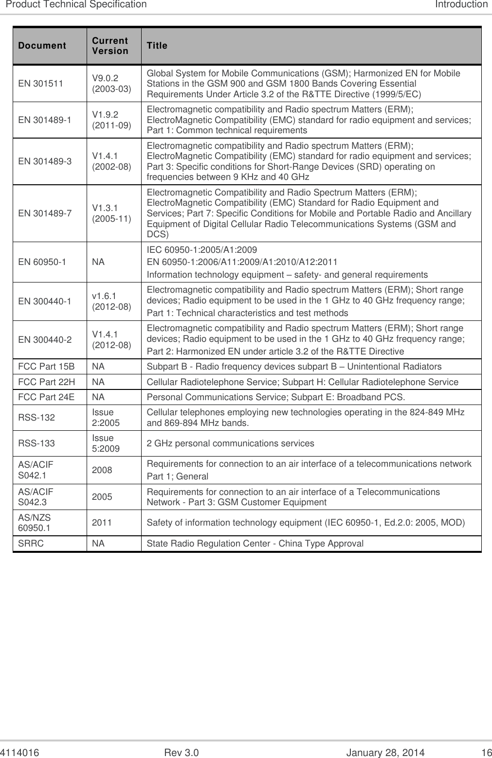  4114016  Rev 3.0  January 28, 2014  16 Product Technical Specification Introduction Document Current Version Title EN 301511 V9.0.2 (2003-03) Global System for Mobile Communications (GSM); Harmonized EN for Mobile Stations in the GSM 900 and GSM 1800 Bands Covering Essential Requirements Under Article 3.2 of the R&amp;TTE Directive (1999/5/EC) EN 301489-1 V1.9.2 (2011-09) Electromagnetic compatibility and Radio spectrum Matters (ERM); ElectroMagnetic Compatibility (EMC) standard for radio equipment and services; Part 1: Common technical requirements EN 301489-3 V1.4.1 (2002-08) Electromagnetic compatibility and Radio spectrum Matters (ERM); ElectroMagnetic Compatibility (EMC) standard for radio equipment and services; Part 3: Specific conditions for Short-Range Devices (SRD) operating on frequencies between 9 KHz and 40 GHz EN 301489-7 V1.3.1 (2005-11) Electromagnetic Compatibility and Radio Spectrum Matters (ERM); ElectroMagnetic Compatibility (EMC) Standard for Radio Equipment and Services; Part 7: Specific Conditions for Mobile and Portable Radio and Ancillary Equipment of Digital Cellular Radio Telecommunications Systems (GSM and DCS) EN 60950-1 NA IEC 60950-1:2005/A1:2009 EN 60950-1:2006/A11:2009/A1:2010/A12:2011 Information technology equipment – safety- and general requirements EN 300440-1 v1.6.1 (2012-08) Electromagnetic compatibility and Radio spectrum Matters (ERM); Short range devices; Radio equipment to be used in the 1 GHz to 40 GHz frequency range; Part 1: Technical characteristics and test methods EN 300440-2 V1.4.1 (2012-08) Electromagnetic compatibility and Radio spectrum Matters (ERM); Short range devices; Radio equipment to be used in the 1 GHz to 40 GHz frequency range; Part 2: Harmonized EN under article 3.2 of the R&amp;TTE Directive FCC Part 15B NA Subpart B - Radio frequency devices subpart B – Unintentional Radiators  FCC Part 22H NA Cellular Radiotelephone Service; Subpart H: Cellular Radiotelephone Service FCC Part 24E NA Personal Communications Service; Subpart E: Broadband PCS. RSS-132  Issue 2:2005 Cellular telephones employing new technologies operating in the 824-849 MHz and 869-894 MHz bands. RSS-133 Issue 5:2009 2 GHz personal communications services AS/ACIF S042.1 2008 Requirements for connection to an air interface of a telecommunications network Part 1; General AS/ACIF S042.3 2005 Requirements for connection to an air interface of a Telecommunications Network - Part 3: GSM Customer Equipment AS/NZS 60950.1 2011 Safety of information technology equipment (IEC 60950-1, Ed.2.0: 2005, MOD) SRRC NA State Radio Regulation Center - China Type Approval    