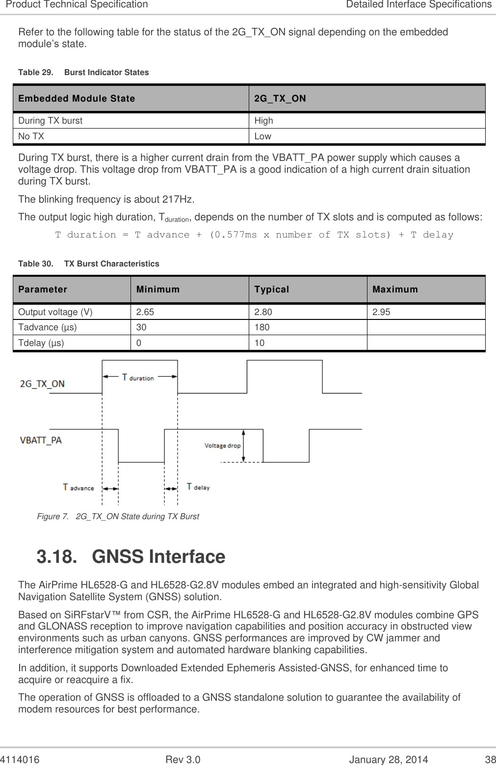  4114016  Rev 3.0  January 28, 2014  38 Product Technical Specification Detailed Interface Specifications Refer to the following table for the status of the 2G_TX_ON signal depending on the embedded module’s state. Table 29.  Burst Indicator States Embedded Module State 2G_TX_ON During TX burst High No TX Low During TX burst, there is a higher current drain from the VBATT_PA power supply which causes a voltage drop. This voltage drop from VBATT_PA is a good indication of a high current drain situation during TX burst. The blinking frequency is about 217Hz. The output logic high duration, Tduration, depends on the number of TX slots and is computed as follows: T duration = T advance + (0.577ms x number of TX slots) + T delay Table 30.  TX Burst Characteristics Parameter Minimum Typical Maximum Output voltage (V) 2.65 2.80 2.95 Tadvance (µs) 30 180  Tdelay (µs) 0 10   Figure 7.  2G_TX_ON State during TX Burst 3.18.  GNSS Interface The AirPrime HL6528-G and HL6528-G2.8V modules embed an integrated and high-sensitivity Global Navigation Satellite System (GNSS) solution.  Based on SiRFstarV™ from CSR, the AirPrime HL6528-G and HL6528-G2.8V modules combine GPS and GLONASS reception to improve navigation capabilities and position accuracy in obstructed view environments such as urban canyons. GNSS performances are improved by CW jammer and interference mitigation system and automated hardware blanking capabilities. In addition, it supports Downloaded Extended Ephemeris Assisted-GNSS, for enhanced time to acquire or reacquire a fix. The operation of GNSS is offloaded to a GNSS standalone solution to guarantee the availability of modem resources for best performance. 