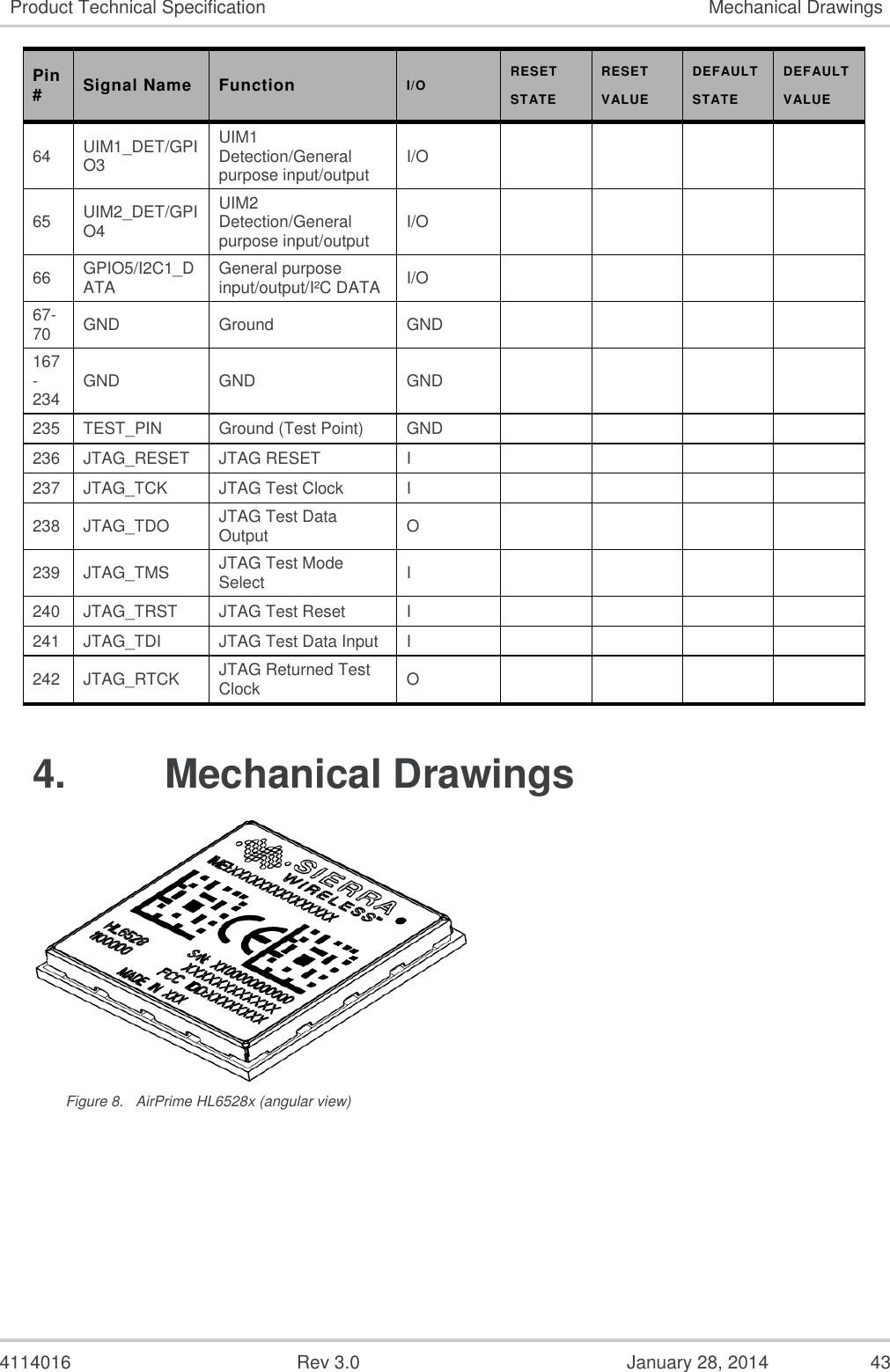  4114016  Rev 3.0  January 28, 2014  43 Product Technical Specification Mechanical Drawings Pin # Signal Name Function I/O RESET STATE RESET VALUE DEFAULT STATE DEFAULT VALUE 64 UIM1_DET/GPIO3 UIM1 Detection/General purpose input/output I/O     65 UIM2_DET/GPIO4 UIM2 Detection/General purpose input/output I/O     66 GPIO5/I2C1_DATA General purpose input/output/I²C DATA I/O     67-70 GND Ground GND     167-234 GND GND GND     235 TEST_PIN Ground (Test Point) GND     236 JTAG_RESET JTAG RESET I     237 JTAG_TCK JTAG Test Clock I     238 JTAG_TDO JTAG Test Data Output O     239 JTAG_TMS JTAG Test Mode Select I     240 JTAG_TRST JTAG Test Reset I     241 JTAG_TDI JTAG Test Data Input I     242 JTAG_RTCK JTAG Returned Test Clock O     4.  Mechanical Drawings  Figure 8.  AirPrime HL6528x (angular view) 