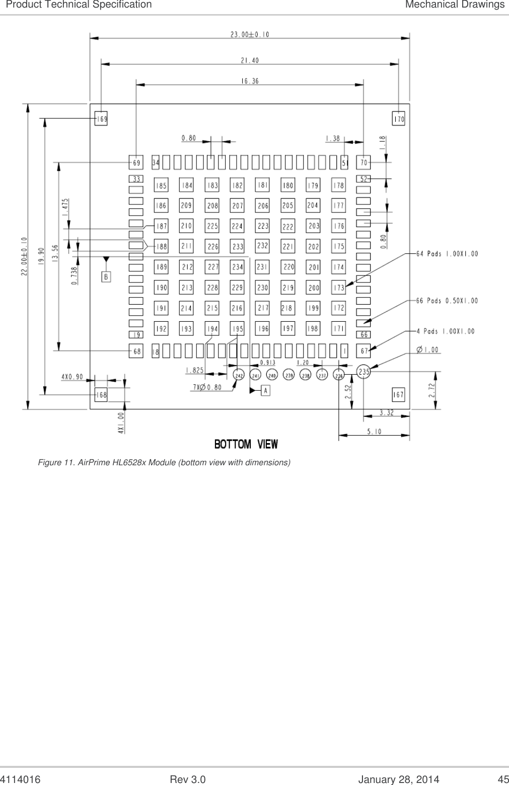  4114016  Rev 3.0  January 28, 2014  45 Product Technical Specification Mechanical Drawings  Figure 11. AirPrime HL6528x Module (bottom view with dimensions) 