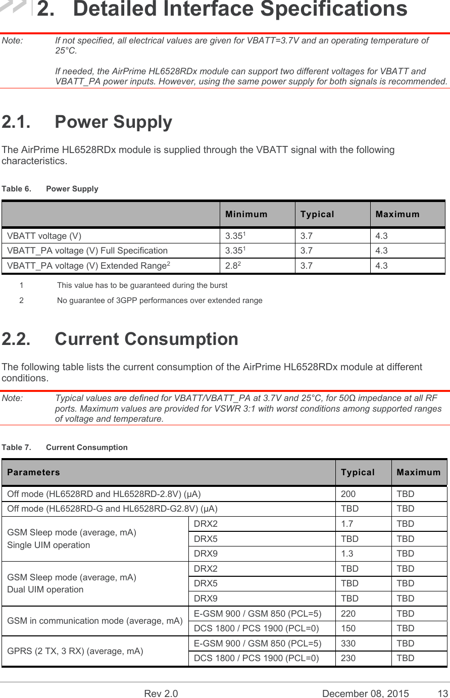    Rev 2.0  December 08, 2015  13 2.  Detailed Interface Specifications Note:   If not specified, all electrical values are given for VBATT=3.7V and an operating temperature of 25°C.  If needed, the AirPrime HL6528RDx module can support two different voltages for VBATT and VBATT_PA power inputs. However, using the same power supply for both signals is recommended. 2.1.  Power Supply The AirPrime HL6528RDx module is supplied through the VBATT signal with the following characteristics. Table 6.  Power Supply  Minimum  Typical  Maximum VBATT voltage (V)  3.351 3.7  4.3 VBATT_PA voltage (V) Full Specification  3.351 3.7  4.3 VBATT_PA voltage (V) Extended Range2 2.82 3.7  4.3 1    This value has to be guaranteed during the burst 2    No guarantee of 3GPP performances over extended range 2.2.  Current Consumption The following table lists the current consumption of the AirPrime HL6528RDx module at different conditions. Note:   Typical values are defined for VBATT/VBATT_PA at 3.7V and 25°C, for 50Ω impedance at all RF ports. Maximum values are provided for VSWR 3:1 with worst conditions among supported ranges of voltage and temperature. Table 7.  Current Consumption Parameters Typical Maximum Off mode (HL6528RD and HL6528RD-2.8V) (µA) 200  TBD Off mode (HL6528RD-G and HL6528RD-G2.8V) (µA) TBD  TBD GSM Sleep mode (average, mA) Single UIM operation DRX2  1.7  TBD DRX5  TBD  TBD DRX9  1.3  TBD GSM Sleep mode (average, mA) Dual UIM operation DRX2  TBD  TBD DRX5  TBD  TBD DRX9  TBD  TBD GSM in communication mode (average, mA)  E-GSM 900 / GSM 850 (PCL=5)  220  TBD DCS 1800 / PCS 1900 (PCL=0)  150  TBD GPRS (2 TX, 3 RX) (average, mA)  E-GSM 900 / GSM 850 (PCL=5)  330  TBD DCS 1800 / PCS 1900 (PCL=0)  230  TBD 