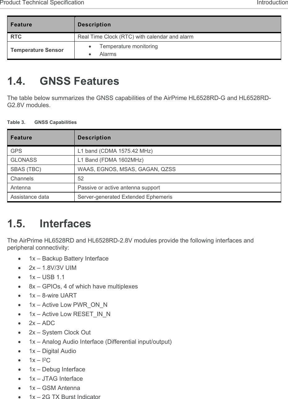  Product Technical Specification  Introduction Feature  Description RTC  Real Time Clock (RTC) with calendar and alarm Temperature Sensor    Temperature monitoring  Alarms 1.4.  GNSS Features The table below summarizes the GNSS capabilities of the AirPrime HL6528RD-G and HL6528RD-G2.8V modules. Table 3.  GNSS Capabilities Feature  Description GPS  L1 band (CDMA 1575.42 MHz) GLONASS   L1 Band (FDMA 1602MHz) SBAS (TBC)  WAAS, EGNOS, MSAS, GAGAN, QZSS Channels  52 Antenna  Passive or active antenna support Assistance data  Server-generated Extended Ephemeris 1.5.  Interfaces The AirPrime HL6528RD and HL6528RD-2.8V modules provide the following interfaces and peripheral connectivity:   1x – Backup Battery Interface   2x – 1.8V/3V UIM    1x – USB 1.1   8x – GPIOs, 4 of which have multiplexes  1x – 8-wire UART   1x – Active Low PWR_ON_N   1x – Active Low RESET_IN_N  2x – ADC   2x – System Clock Out   1x – Analog Audio Interface (Differential input/output)   1x – Digital Audio  1x – I2C   1x – Debug Interface   1x – JTAG Interface   1x – GSM Antenna   1x – 2G TX Burst Indicator 