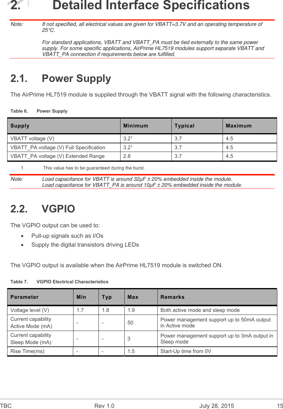  TBC  Rev 1.0  July 28, 2015  15 2.  Detailed Interface Specifications Note:   If not specified, all electrical values are given for VBATT=3.7V and an operating temperature of 25°C.  For standard applications, VBATT and VBATT_PA must be tied externally to the same power supply. For some specific applications, AirPrime HL7519 modules support separate VBATT and VBATT_PA connection if requirements below are fulfilled. 2.1.  Power Supply The AirPrime HL7519 module is supplied through the VBATT signal with the following characteristics. Table 6.  Power Supply Supply  Minimum  Typical  Maximum VBATT voltage (V)  3.21 3.7  4.5 VBATT_PA voltage (V) Full Specification  3.21 3.7  4.5 VBATT_PA voltage (V) Extended Range  2.8  3.7  4.5 1  This value has to be guaranteed during the burst. Note:   Load capacitance for VBATT is around 32µF ± 20% embedded inside the module. Load capacitance for VBATT_PA is around 10µF ± 20% embedded inside the module. 2.2.  VGPIO The VGPIO output can be used to:   Pull-up signals such as I/Os   Supply the digital transistors driving LEDs  The VGPIO output is available when the AirPrime HL7519 module is switched ON. Table 7.  VGPIO Electrical Characteristics Parameter  Min  Typ  Max  Remarks Voltage level (V)  1.7  1.8  1.9  Both active mode and sleep mode Current capability Active Mode (mA)  -  -  50  Power management support up to 50mA output in Active mode Current capability Sleep Mode (mA)  -  -  3  Power management support up to 3mA output in Sleep mode Rise Time(ms)  -  -  1.5  Start-Up time from 0V 