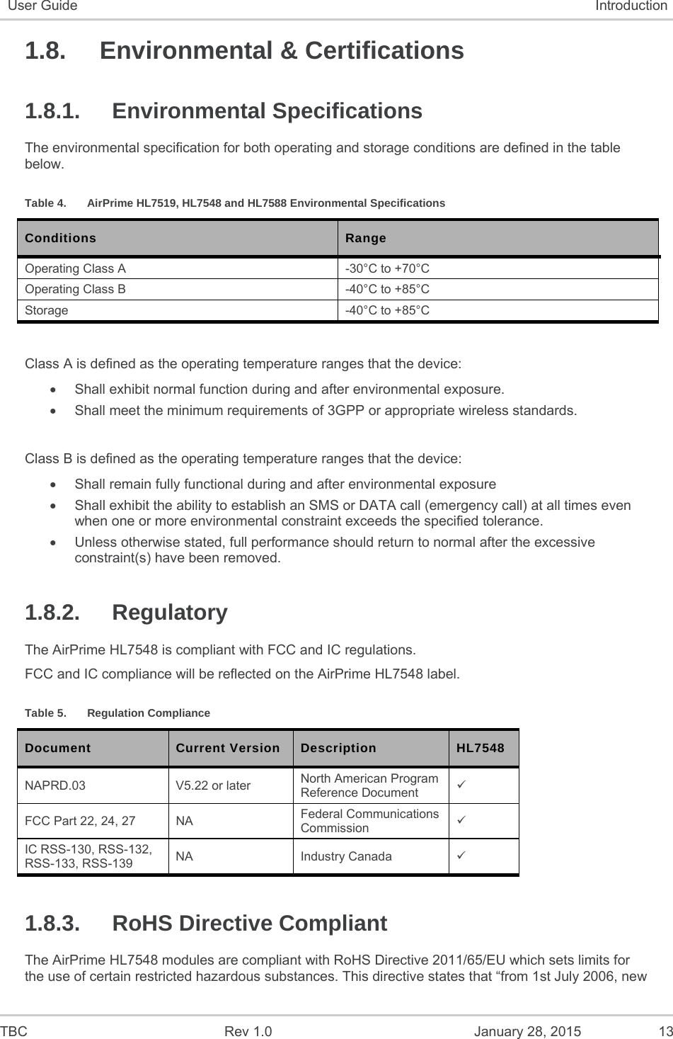  TBC  Rev 1.0  January 28, 2015  13 User Guide  Introduction 1.8. Environmental &amp; Certifications 1.8.1. Environmental Specifications The environmental specification for both operating and storage conditions are defined in the table below. Table 4.  AirPrime HL7519, HL7548 and HL7588 Environmental Specifications Conditions  Range Operating Class A  -30°C to +70°C Operating Class B  -40°C to +85°C Storage  -40°C to +85°C  Class A is defined as the operating temperature ranges that the device:    Shall exhibit normal function during and after environmental exposure.    Shall meet the minimum requirements of 3GPP or appropriate wireless standards.   Class B is defined as the operating temperature ranges that the device:     Shall remain fully functional during and after environmental exposure    Shall exhibit the ability to establish an SMS or DATA call (emergency call) at all times even when one or more environmental constraint exceeds the specified tolerance.    Unless otherwise stated, full performance should return to normal after the excessive constraint(s) have been removed. 1.8.2. Regulatory The AirPrime HL7548 is compliant with FCC and IC regulations. FCC and IC compliance will be reflected on the AirPrime HL7548 label. Table 5.  Regulation Compliance Document  Current Version  Description  HL7548 NAPRD.03  V5.22 or later   North American Program Reference Document   FCC Part 22, 24, 27  NA  Federal Communications Commission    IC RSS-130, RSS-132, RSS-133, RSS-139  NA Industry Canada  1.8.3. RoHS Directive Compliant The AirPrime HL7548 modules are compliant with RoHS Directive 2011/65/EU which sets limits for the use of certain restricted hazardous substances. This directive states that “from 1st July 2006, new 
