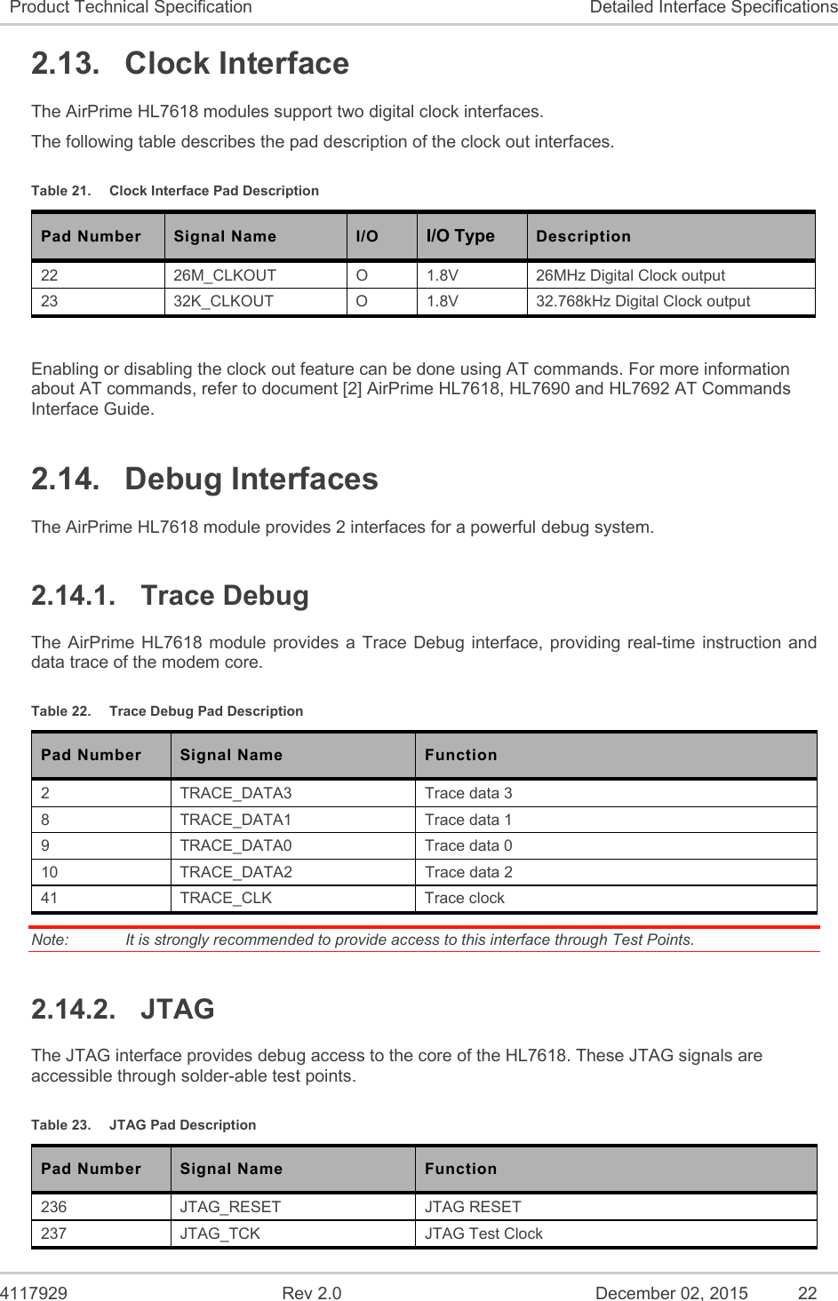  4117929  Rev 2.0  December 02, 2015  22 Product Technical Specification  Detailed Interface Specifications 2.13.  Clock Interface The AirPrime HL7618 modules support two digital clock interfaces. The following table describes the pad description of the clock out interfaces. Table 21.  Clock Interface Pad Description Pad Number Signal Name I/O I/O Type  Description 22  26M_CLKOUT  O  1.8V  26MHz Digital Clock output 23  32K_CLKOUT  O  1.8V  32.768kHz Digital Clock output  Enabling or disabling the clock out feature can be done using AT commands. For more information about AT commands, refer to document [2] AirPrime HL7618, HL7690 and HL7692 AT Commands Interface Guide. 2.14.  Debug Interfaces The AirPrime HL7618 module provides 2 interfaces for a powerful debug system. 2.14.1.  Trace Debug The AirPrime  HL7618  module  provides  a Trace Debug interface, providing real-time instruction and data trace of the modem core. Table 22.  Trace Debug Pad Description Pad Number  Signal Name  Function 2  TRACE_DATA3  Trace data 3 8  TRACE_DATA1  Trace data 1 9  TRACE_DATA0  Trace data 0 10  TRACE_DATA2  Trace data 2 41  TRACE_CLK  Trace clock Note:   It is strongly recommended to provide access to this interface through Test Points. 2.14.2.  JTAG The JTAG interface provides debug access to the core of the HL7618. These JTAG signals are accessible through solder-able test points. Table 23.  JTAG Pad Description Pad Number  Signal Name  Function 236  JTAG_RESET  JTAG RESET 237  JTAG_TCK  JTAG Test Clock 