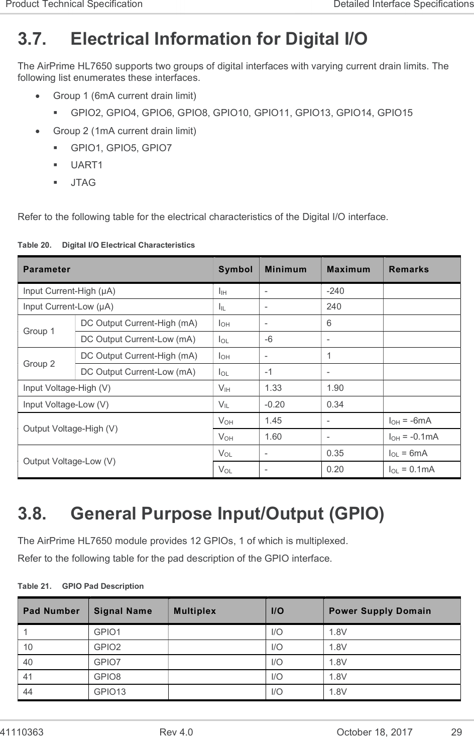   41110363  Rev 4.0  October 18, 2017  29 Product Technical Specification  Detailed Interface Specifications 3.7.  Electrical Information for Digital I/O The AirPrime HL7650 supports two groups of digital interfaces with varying current drain limits. The following list enumerates these interfaces.   Group 1 (6mA current drain limit)   GPIO2, GPIO4, GPIO6, GPIO8, GPIO10, GPIO11, GPIO13, GPIO14, GPIO15   Group 2 (1mA current drain limit)   GPIO1, GPIO5, GPIO7   UART1   JTAG  Refer to the following table for the electrical characteristics of the Digital I/O interface. Table 20.  Digital I/O Electrical Characteristics Parameter  Symbol  Minimum  Maximum  Remarks Input Current-High (µA)  IIH  -  -240   Input Current-Low (µA)  IIL  -  240   Group 1  DC Output Current-High (mA)  IOH  -  6   DC Output Current-Low (mA)  IOL  -6  -   Group 2  DC Output Current-High (mA)  IOH  -  1   DC Output Current-Low (mA)  IOL  -1  -   Input Voltage-High (V)  VIH  1.33  1.90   Input Voltage-Low (V)  VIL  -0.20  0.34   Output Voltage-High (V)  VOH  1.45  -  IOH = -6mA VOH  1.60  -  IOH = -0.1mA Output Voltage-Low (V)  VOL  -  0.35  IOL = 6mA VOL  -  0.20  IOL = 0.1mA 3.8.  General Purpose Input/Output (GPIO) The AirPrime HL7650 module provides 12 GPIOs, 1 of which is multiplexed. Refer to the following table for the pad description of the GPIO interface. Table 21.  GPIO Pad Description Pad Number  Signal Name  Multiplex  I/O  Power Supply Domain 1  GPIO1    I/O  1.8V 10  GPIO2    I/O  1.8V 40  GPIO7    I/O  1.8V 41  GPIO8    I/O  1.8V 44  GPIO13    I/O  1.8V 