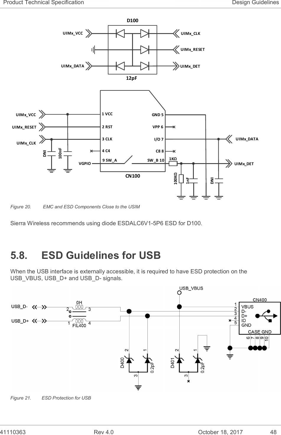   41110363  Rev 4.0  October 18, 2017  48 Product Technical Specification  Design Guidelines UIMx_VCCUIMx_DATAUIMx_CLKUIMx_RESETUIMx_DETVGPIO100nFDNIUIMx_VCCUIMx_RESETUIMx_CLK1KΩ 100KΩ DNI1nF1 VCC2 RST3 CLK4 C49 SW_A SW_B 10C8 8I/O 7VPP 6GND 5D10012pFCN100UIMx_DATAUIMx_DET Figure 20.   EMC and ESD Components Close to the USIM Sierra Wireless recommends using diode ESDALC6V1-5P6 ESD for D100.   5.8.  ESD Guidelines for USB When the USB interface is externally accessible, it is required to have ESD protection on the USB_VBUS, USB_D+ and USB_D- signals.  Figure 21.  ESD Protection for USB 