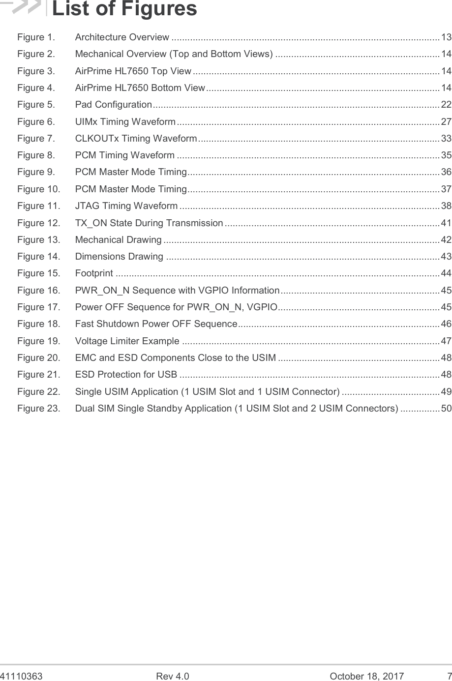  41110363  Rev 4.0  October 18, 2017  7 List of Figures Figure 1. Architecture Overview ..................................................................................................... 13 Figure 2. Mechanical Overview (Top and Bottom Views) .............................................................. 14 Figure 3. AirPrime HL7650 Top View ............................................................................................. 14 Figure 4. AirPrime HL7650 Bottom View ........................................................................................ 14 Figure 5. Pad Configuration ............................................................................................................ 22 Figure 6. UIMx Timing Waveform ................................................................................................... 27 Figure 7. CLKOUTx Timing Waveform ........................................................................................... 33 Figure 8. PCM Timing Waveform ................................................................................................... 35 Figure 9. PCM Master Mode Timing ............................................................................................... 36 Figure 10. PCM Master Mode Timing ............................................................................................... 37 Figure 11. JTAG Timing Waveform .................................................................................................. 38 Figure 12. TX_ON State During Transmission ................................................................................. 41 Figure 13. Mechanical Drawing ........................................................................................................ 42 Figure 14. Dimensions Drawing ....................................................................................................... 43 Figure 15. Footprint .......................................................................................................................... 44 Figure 16. PWR_ON_N Sequence with VGPIO Information ............................................................ 45 Figure 17. Power OFF Sequence for PWR_ON_N, VGPIO ............................................................. 45 Figure 18. Fast Shutdown Power OFF Sequence ............................................................................ 46 Figure 19. Voltage Limiter Example ................................................................................................. 47 Figure 20. EMC and ESD Components Close to the USIM ............................................................. 48 Figure 21. ESD Protection for USB .................................................................................................. 48 Figure 22. Single USIM Application (1 USIM Slot and 1 USIM Connector) ..................................... 49 Figure 23. Dual SIM Single Standby Application (1 USIM Slot and 2 USIM Connectors) ............... 50 