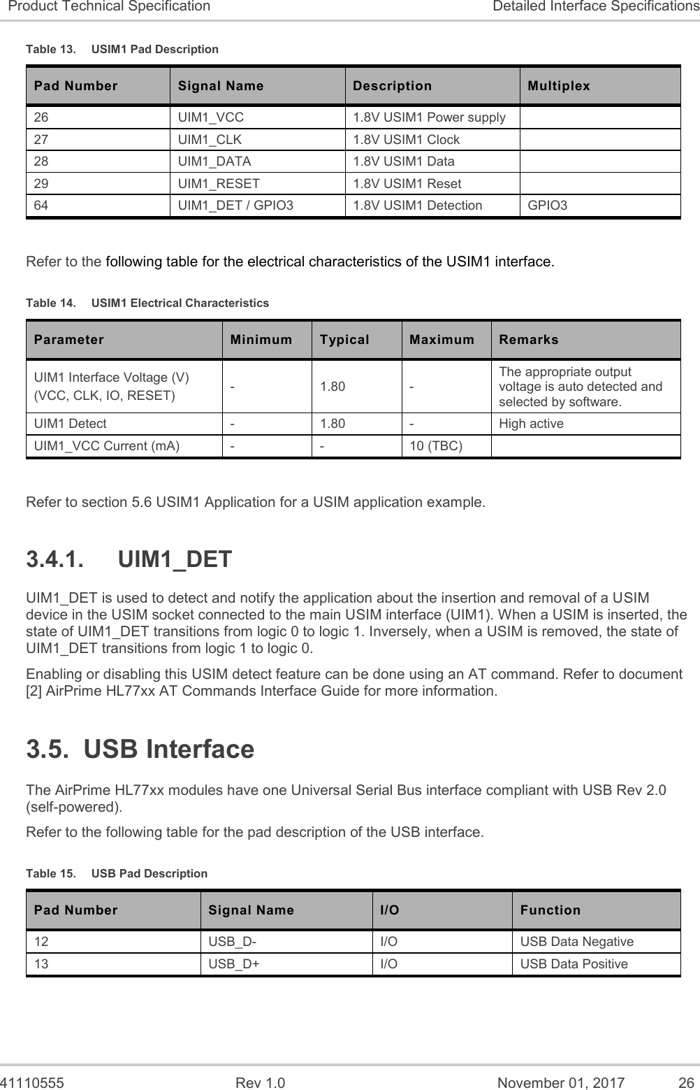   41110555  Rev 1.0  November 01, 2017  26 Product Technical Specification Detailed Interface Specifications Table 13.  USIM1 Pad Description Pad Number Signal Name Description Multiplex 26 UIM1_VCC 1.8V USIM1 Power supply  27 UIM1_CLK 1.8V USIM1 Clock  28 UIM1_DATA 1.8V USIM1 Data  29 UIM1_RESET 1.8V USIM1 Reset  64 UIM1_DET / GPIO3 1.8V USIM1 Detection GPIO3  Refer to the following table for the electrical characteristics of the USIM1 interface. Table 14.  USIM1 Electrical Characteristics Parameter Minimum Typical Maximum Remarks UIM1 Interface Voltage (V) (VCC, CLK, IO, RESET) - 1.80 - The appropriate output voltage is auto detected and selected by software. UIM1 Detect - 1.80 - High active UIM1_VCC Current (mA) - - 10 (TBC)   Refer to section 5.6 USIM1 Application for a USIM application example.  3.4.1.  UIM1_DET UIM1_DET is used to detect and notify the application about the insertion and removal of a USIM device in the USIM socket connected to the main USIM interface (UIM1). When a USIM is inserted, the state of UIM1_DET transitions from logic 0 to logic 1. Inversely, when a USIM is removed, the state of UIM1_DET transitions from logic 1 to logic 0. Enabling or disabling this USIM detect feature can be done using an AT command. Refer to document [2] AirPrime HL77xx AT Commands Interface Guide for more information.  3.5.  USB Interface The AirPrime HL77xx modules have one Universal Serial Bus interface compliant with USB Rev 2.0 (self-powered). Refer to the following table for the pad description of the USB interface. Table 15.  USB Pad Description Pad Number Signal Name I/O Function 12 USB_D- I/O USB Data Negative 13 USB_D+ I/O USB Data Positive  