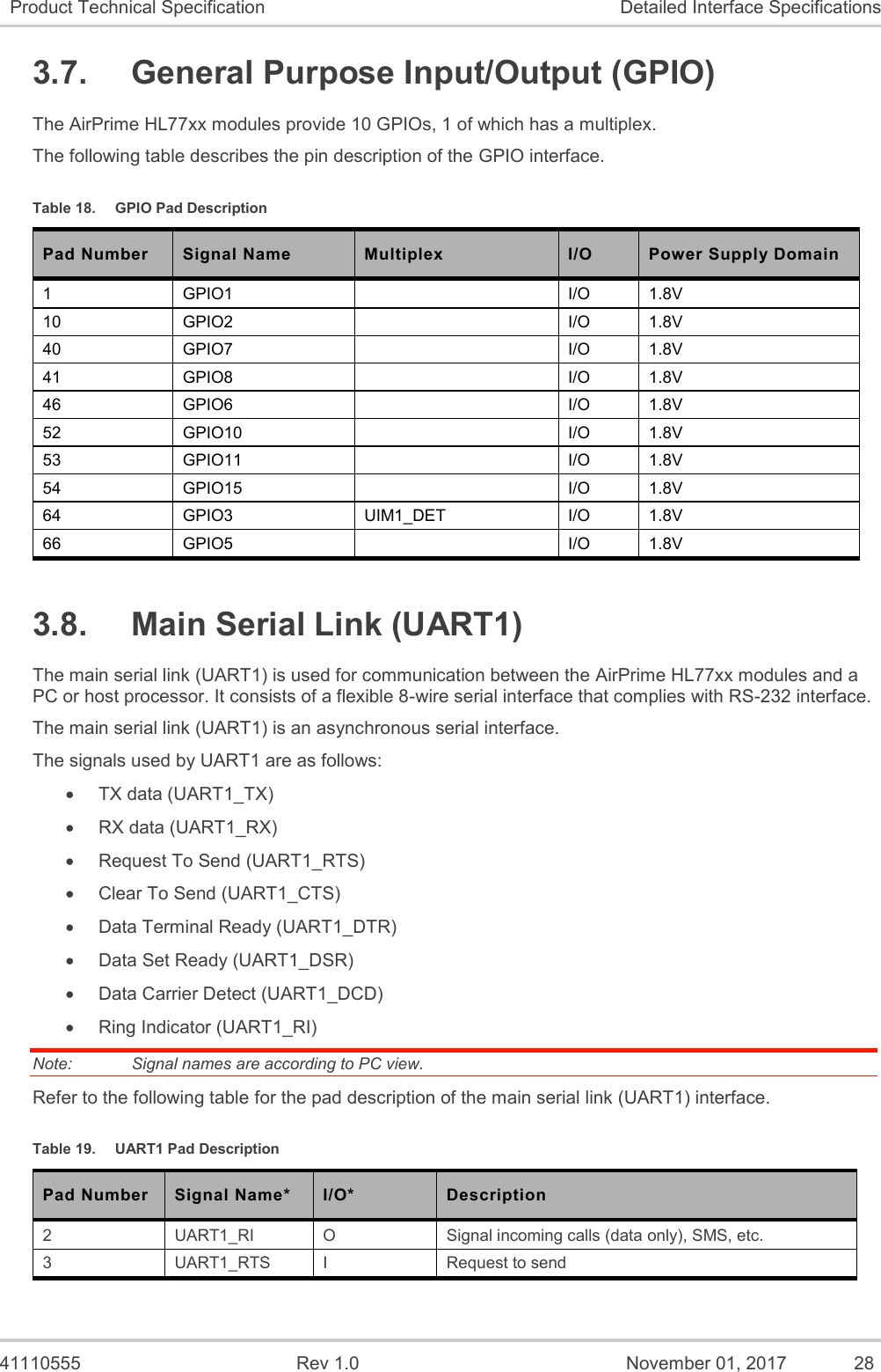   41110555  Rev 1.0  November 01, 2017  28 Product Technical Specification Detailed Interface Specifications 3.7.  General Purpose Input/Output (GPIO) The AirPrime HL77xx modules provide 10 GPIOs, 1 of which has a multiplex.  The following table describes the pin description of the GPIO interface. Table 18.  GPIO Pad Description Pad Number Signal Name Multiplex I/O Power Supply Domain 1 GPIO1  I/O 1.8V 10 GPIO2  I/O 1.8V 40 GPIO7  I/O 1.8V 41 GPIO8  I/O 1.8V 46 GPIO6  I/O 1.8V 52 GPIO10  I/O 1.8V 53 GPIO11  I/O 1.8V 54 GPIO15  I/O 1.8V 64 GPIO3 UIM1_DET I/O 1.8V 66 GPIO5  I/O 1.8V 3.8.  Main Serial Link (UART1) The main serial link (UART1) is used for communication between the AirPrime HL77xx modules and a PC or host processor. It consists of a flexible 8-wire serial interface that complies with RS-232 interface. The main serial link (UART1) is an asynchronous serial interface. The signals used by UART1 are as follows: • TX data (UART1_TX) • RX data (UART1_RX) • Request To Send (UART1_RTS) • Clear To Send (UART1_CTS) • Data Terminal Ready (UART1_DTR) • Data Set Ready (UART1_DSR) • Data Carrier Detect (UART1_DCD) • Ring Indicator (UART1_RI) Note:   Signal names are according to PC view. Refer to the following table for the pad description of the main serial link (UART1) interface. Table 19.  UART1 Pad Description Pad Number Signal Name* I/O* Description 2 UART1_RI O Signal incoming calls (data only), SMS, etc. 3 UART1_RTS I Request to send  