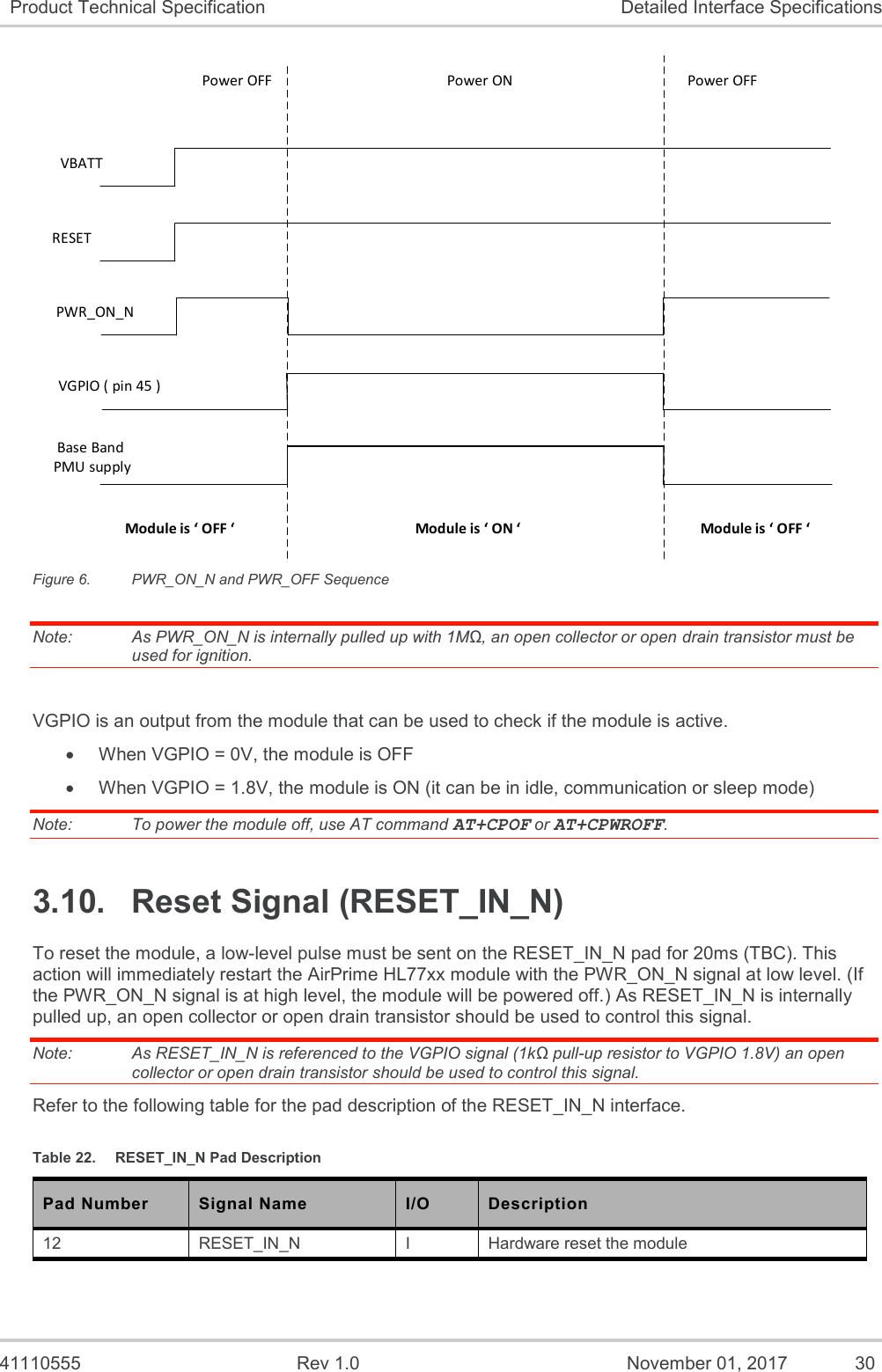   41110555  Rev 1.0  November 01, 2017  30 Product Technical Specification Detailed Interface Specifications VBATTVGPIO ( pin 45 )PWR_ON_NPower OFF Power ON Power OFFBase Band  PMU supplyModule is OFF Module is OFF Module is ON RESET Figure 6.  PWR_ON_N and PWR_OFF Sequence Note:   As PWR_ON_N is internally pulled up with 1MΩ, an open collector or open drain transistor must be used for ignition.   VGPIO is an output from the module that can be used to check if the module is active. • When VGPIO = 0V, the module is OFF • When VGPIO = 1.8V, the module is ON (it can be in idle, communication or sleep mode) Note:   To power the module off, use AT command AT+CPOF or AT+CPWROFF. 3.10.  Reset Signal (RESET_IN_N) To reset the module, a low-level pulse must be sent on the RESET_IN_N pad for 20ms (TBC). This action will immediately restart the AirPrime HL77xx module with the PWR_ON_N signal at low level. (If the PWR_ON_N signal is at high level, the module will be powered off.) As RESET_IN_N is internally pulled up, an open collector or open drain transistor should be used to control this signal. Note:   As RESET_IN_N is referenced to the VGPIO signal (1kΩ pull-up resistor to VGPIO 1.8V) an open collector or open drain transistor should be used to control this signal. Refer to the following table for the pad description of the RESET_IN_N interface. Table 22.  RESET_IN_N Pad Description Pad Number Signal Name I/O Description 12 RESET_IN_N I Hardware reset the module  