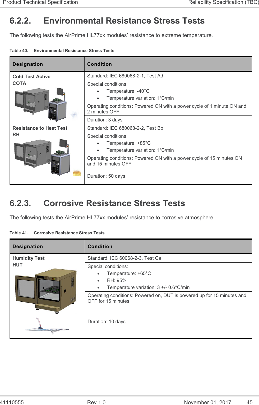   41110555  Rev 1.0  November 01, 2017  45 Product Technical Specification Reliability Specification (TBC) 6.2.2.  Environmental Resistance Stress Tests The following tests the AirPrime HL77xx modules’ resistance to extreme temperature. Table 40.  Environmental Resistance Stress Tests Designation Condition Cold Test Active COTA  Standard: IEC 680068-2-1, Test Ad Special conditions: •  Temperature: -40°C •  Temperature variation: 1°C/min Operating conditions: Powered ON with a power cycle of 1 minute ON and 2 minutes OFF Duration: 3 days Resistance to Heat Test RH   Standard: IEC 680068-2-2, Test Bb Special conditions: •  Temperature: +85°C •  Temperature variation: 1°C/min  Operating conditions: Powered ON with a power cycle of 15 minutes ON and 15 minutes OFF Duration: 50 days 6.2.3.  Corrosive Resistance Stress Tests The following tests the AirPrime HL77xx modules’ resistance to corrosive atmosphere. Table 41.  Corrosive Resistance Stress Tests Designation Condition Humidity Test HUT   Standard: IEC 60068-2-3, Test Ca Special conditions: •  Temperature: +65°C •  RH: 95% •  Temperature variation: 3 +/- 0.6°C/min  Operating conditions: Powered on, DUT is powered up for 15 minutes and OFF for 15 minutes Duration: 10 days 