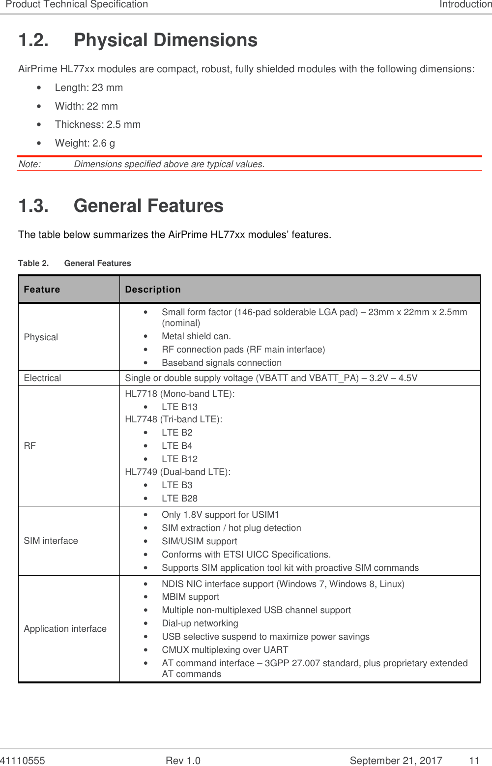   41110555  Rev 1.0  September 21, 2017  11 Product Technical Specification  Introduction 1.2.  Physical Dimensions AirPrime HL77xx modules are compact, robust, fully shielded modules with the following dimensions: •  Length: 23 mm •  Width: 22 mm •  Thickness: 2.5 mm •  Weight: 2.6 g Note:   Dimensions specified above are typical values. 1.3.  General Features  The table below summarizes the AirPrime HL77xx modules’ features. Table 2.  General Features Feature  Description Physical •  Small form factor (146-pad solderable LGA pad) – 23mm x 22mm x 2.5mm (nominal) •  Metal shield can.  •  RF connection pads (RF main interface) •  Baseband signals connection Electrical  Single or double supply voltage (VBATT and VBATT_PA) – 3.2V – 4.5V RF HL7718 (Mono-band LTE): •  LTE B13 HL7748 (Tri-band LTE): •  LTE B2 •  LTE B4 •  LTE B12 HL7749 (Dual-band LTE): •  LTE B3 •  LTE B28 SIM interface •  Only 1.8V support for USIM1  •  SIM extraction / hot plug detection •  SIM/USIM support •  Conforms with ETSI UICC Specifications. •  Supports SIM application tool kit with proactive SIM commands Application interface •  NDIS NIC interface support (Windows 7, Windows 8, Linux) •  MBIM support •  Multiple non-multiplexed USB channel support •  Dial-up networking •  USB selective suspend to maximize power savings •  CMUX multiplexing over UART •  AT command interface – 3GPP 27.007 standard, plus proprietary extended AT commands 