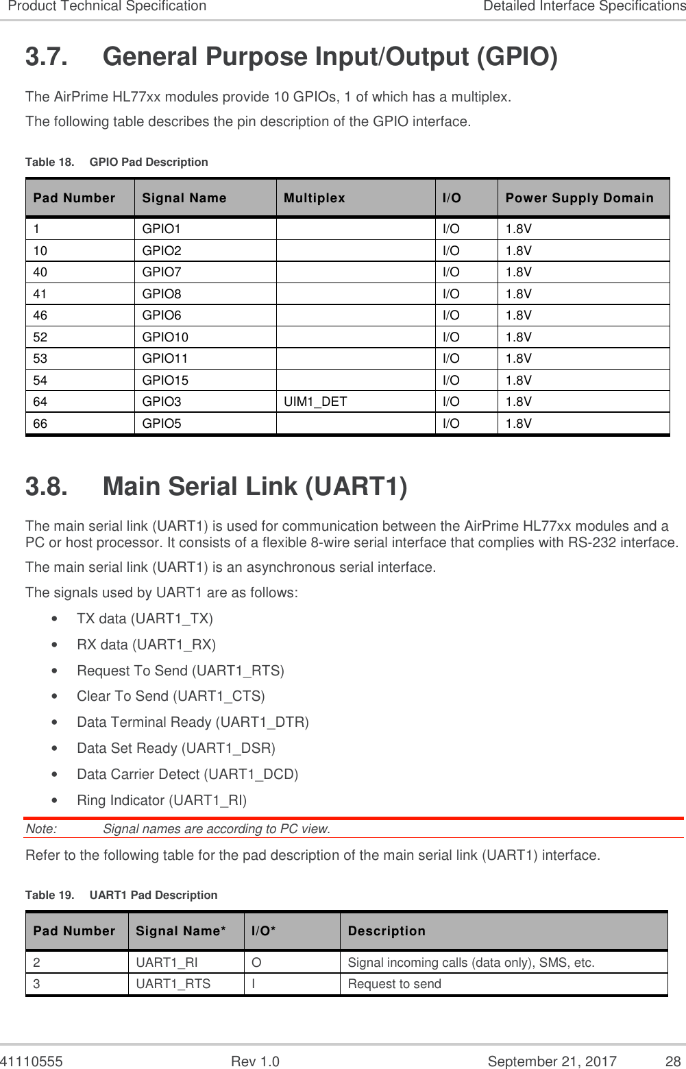   41110555  Rev 1.0  September 21, 2017  28 Product Technical Specification  Detailed Interface Specifications 3.7.  General Purpose Input/Output (GPIO) The AirPrime HL77xx modules provide 10 GPIOs, 1 of which has a multiplex.  The following table describes the pin description of the GPIO interface. Table 18.  GPIO Pad Description Pad Number Signal Name Multiplex I/O Power Supply Domain 1  GPIO1    I/O  1.8V 10  GPIO2    I/O  1.8V 40  GPIO7    I/O  1.8V 41  GPIO8    I/O  1.8V 46  GPIO6    I/O  1.8V 52  GPIO10    I/O  1.8V 53  GPIO11    I/O  1.8V 54  GPIO15    I/O  1.8V 64  GPIO3  UIM1_DET  I/O  1.8V 66  GPIO5    I/O  1.8V 3.8.  Main Serial Link (UART1) The main serial link (UART1) is used for communication between the AirPrime HL77xx modules and a PC or host processor. It consists of a flexible 8-wire serial interface that complies with RS-232 interface. The main serial link (UART1) is an asynchronous serial interface. The signals used by UART1 are as follows: •  TX data (UART1_TX) •  RX data (UART1_RX) •  Request To Send (UART1_RTS) •  Clear To Send (UART1_CTS) •  Data Terminal Ready (UART1_DTR) •  Data Set Ready (UART1_DSR) •  Data Carrier Detect (UART1_DCD) •  Ring Indicator (UART1_RI) Note:   Signal names are according to PC view. Refer to the following table for the pad description of the main serial link (UART1) interface. Table 19.  UART1 Pad Description Pad Number  Signal Name*  I/O*  Description 2  UART1_RI  O  Signal incoming calls (data only), SMS, etc. 3  UART1_RTS  I  Request to send  