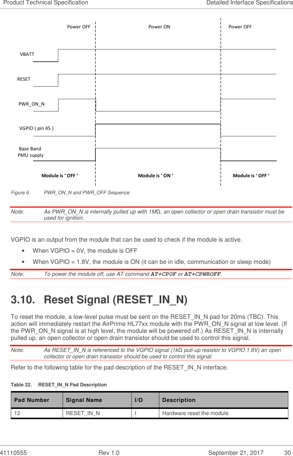   41110555  Rev 1.0  September 21, 2017  30 Product Technical Specification  Detailed Interface Specifications VBATTVGPIO ( pin 45 )PWR_ON_NPower OFF Power ON Power OFFBase Band  PMU supplyModule is ‘ OFF ‘ Module is ‘ OFF ‘Module is ‘ ON ‘RESET Figure 6.  PWR_ON_N and PWR_OFF Sequence Note:   As PWR_ON_N is internally pulled up with 1MΩ, an open collector or open drain transistor must be used for ignition.   VGPIO is an output from the module that can be used to check if the module is active. •  When VGPIO = 0V, the module is OFF •  When VGPIO = 1.8V, the module is ON (it can be in idle, communication or sleep mode) Note:   To power the module off, use AT command AT+CPOF or AT+CPWROFF. 3.10.  Reset Signal (RESET_IN_N) To reset the module, a low-level pulse must be sent on the RESET_IN_N pad for 20ms (TBC). This action will immediately restart the AirPrime HL77xx module with the PWR_ON_N signal at low level. (If the PWR_ON_N signal is at high level, the module will be powered off.) As RESET_IN_N is internally pulled up, an open collector or open drain transistor should be used to control this signal. Note:   As RESET_IN_N is referenced to the VGPIO signal (1kΩ pull-up resistor to VGPIO 1.8V) an open collector or open drain transistor should be used to control this signal. Refer to the following table for the pad description of the RESET_IN_N interface. Table 22.  RESET_IN_N Pad Description Pad Number Signal Name I/O Description 12  RESET_IN_N  I  Hardware reset the module  