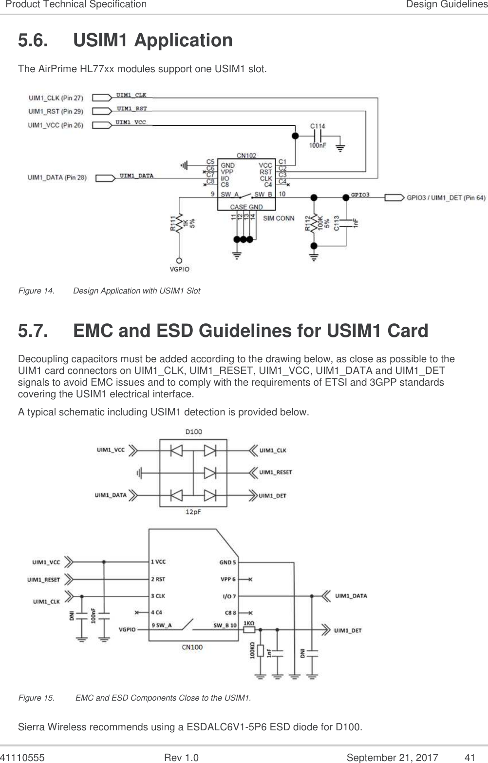   41110555  Rev 1.0  September 21, 2017  41 Product Technical Specification  Design Guidelines 5.6.  USIM1 Application The AirPrime HL77xx modules support one USIM1 slot.   Figure 14.  Design Application with USIM1 Slot 5.7.  EMC and ESD Guidelines for USIM1 Card Decoupling capacitors must be added according to the drawing below, as close as possible to the UIM1 card connectors on UIM1_CLK, UIM1_RESET, UIM1_VCC, UIM1_DATA and UIM1_DET signals to avoid EMC issues and to comply with the requirements of ETSI and 3GPP standards covering the USIM1 electrical interface. A typical schematic including USIM1 detection is provided below.  Figure 15.   EMC and ESD Components Close to the USIM1. Sierra Wireless recommends using a ESDALC6V1-5P6 ESD diode for D100. 