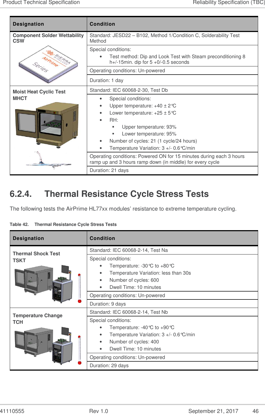   41110555  Rev 1.0  September 21, 2017  46 Product Technical Specification  Reliability Specification (TBC) Designation  Condition Component Solder Wettability CSW  Standard: JESD22 – B102, Method 1/Condition C, Solderability Test Method Special conditions: •  Test method: Dip and Look Test with Steam preconditioning 8 h+/-15min. dip for 5 +0/-0.5 seconds Operating conditions: Un-powered Duration: 1 day Moist Heat Cyclic Test MHCT   Standard: IEC 60068-2-30, Test Db •  Special conditions: •  Upper temperature: +40 ± 2°C •  Lower temperature: +25 ± 5°C •  RH:   Upper temperature: 93%   Lower temperature: 95% •  Number of cycles: 21 (1 cycle/24 hours) •  Temperature Variation: 3 +/- 0.6°C/min Operating conditions: Powered ON for 15 minutes during each 3 hours ramp up and 3 hours ramp down (in middle) for every cycle Duration: 21 days 6.2.4.  Thermal Resistance Cycle Stress Tests The following tests the AirPrime HL77xx modules’ resistance to extreme temperature cycling. Table 42.  Thermal Resistance Cycle Stress Tests Designation  Condition Thermal Shock Test TSKT  Standard: IEC 60068-2-14, Test Na Special conditions: •  Temperature: -30°C to +80°C •  Temperature Variation: less than 30s •  Number of cycles: 600 •  Dwell Time: 10 minutes Operating conditions: Un-powered Duration: 9 days Temperature Change TCH  Standard: IEC 60068-2-14, Test Nb Special conditions: •  Temperature: -40°C to +90°C •  Temperature Variation: 3 +/- 0.6°C/min •  Number of cycles: 400 •  Dwell Time: 10 minutes Operating conditions: Un-powered Duration: 29 days    