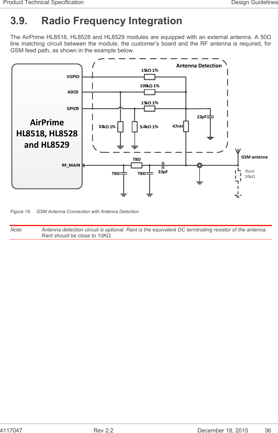  4117047  Rev 2.2  December 18, 2015  36 Product Technical Specification  Design Guidelines 3.9.  Radio Frequency Integration The AirPrime HL8518, HL8528 and HL8529 modules are equipped with an external antenna. A 50Ω line matching circuit between the module, the customer’s board and the  RF antenna is  required, for GSM feed path, as shown in the example below.  Figure 18.  GSM Antenna Connection with Antenna Detection Note:   Antenna detection circuit is optional. Rant is the equivalent DC terminating resistor of the antenna. Rant should be close to 10KΩ.    