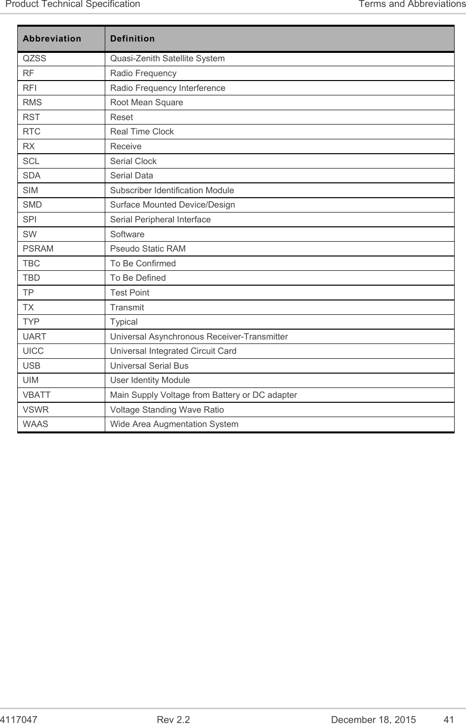  4117047  Rev 2.2  December 18, 2015  41 Product Technical Specification  Terms and Abbreviations Abbreviation  Definition QZSS  Quasi-Zenith Satellite System RF  Radio Frequency RFI  Radio Frequency Interference RMS  Root Mean Square RST  Reset RTC   Real Time Clock RX  Receive  SCL  Serial Clock SDA  Serial Data SIM  Subscriber Identification Module SMD  Surface Mounted Device/Design SPI  Serial Peripheral Interface SW  Software PSRAM  Pseudo Static RAM TBC  To Be Confirmed TBD  To Be Defined TP  Test Point TX  Transmit TYP  Typical UART  Universal Asynchronous Receiver-Transmitter UICC  Universal Integrated Circuit Card USB  Universal Serial Bus UIM  User Identity Module VBATT  Main Supply Voltage from Battery or DC adapter VSWR  Voltage Standing Wave Ratio WAAS  Wide Area Augmentation System  