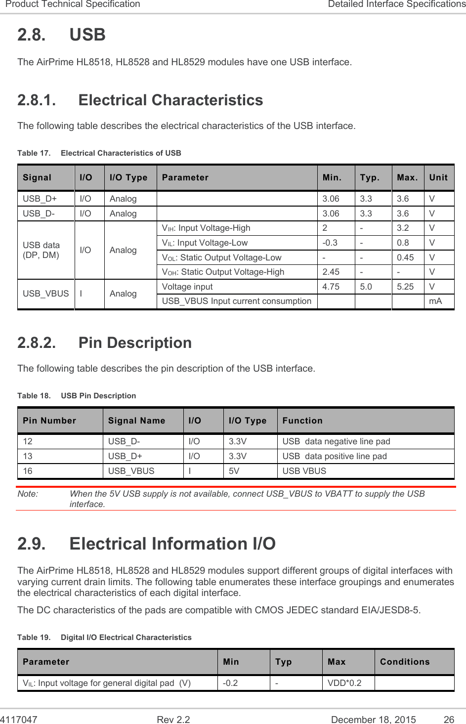  4117047  Rev 2.2  December 18, 2015  26 Product Technical Specification  Detailed Interface Specifications 2.8.  USB The AirPrime HL8518, HL8528 and HL8529 modules have one USB interface. 2.8.1.  Electrical Characteristics The following table describes the electrical characteristics of the USB interface. Table 17.  Electrical Characteristics of USB  Signal  I/O  I/O Type  Parameter  Min.  Typ.  Max.  Unit USB_D+  I/O  Analog    3.06  3.3  3.6  V USB_D-  I/O  Analog    3.06  3.3  3.6  V USB data      (DP, DM)  I/O  Analog VIH: Input Voltage-High  2  -  3.2  V VIL: Input Voltage-Low  -0.3  -  0.8  V VOL: Static Output Voltage-Low  -  -  0.45  V VOH: Static Output Voltage-High  2.45  -  -  V USB_VBUS  I  Analog  Voltage input  4.75  5.0  5.25  V USB_VBUS Input current consumption      mA 2.8.2.  Pin Description The following table describes the pin description of the USB interface. Table 18.  USB Pin Description Pin Number  Signal Name  I/O  I/O Type  Function 12  USB_D-  I/O  3.3V  USB  data negative line pad 13  USB_D+  I/O  3.3V  USB  data positive line pad 16  USB_VBUS  I  5V  USB VBUS Note:   When the 5V USB supply is not available, connect USB_VBUS to VBATT to supply the USB interface. 2.9.  Electrical Information I/O The AirPrime HL8518, HL8528 and HL8529 modules support different groups of digital interfaces with varying current drain limits. The following table enumerates these interface groupings and enumerates the electrical characteristics of each digital interface. The DC characteristics of the pads are compatible with CMOS JEDEC standard EIA/JESD8-5. Table 19.  Digital I/O Electrical Characteristics Parameter  Min  Typ  Max  Conditions VIL: Input voltage for general digital pad  (V)  -0.2  -  VDD*0.2   