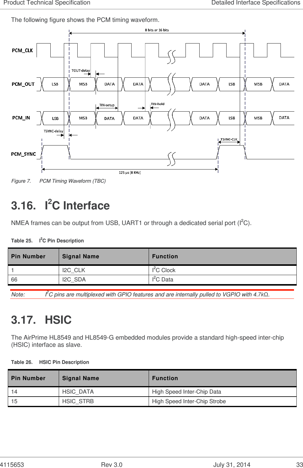  4115653  Rev 3.0  July 31, 2014  33 Product Technical Specification Detailed Interface Specifications The following figure shows the PCM timing waveform.  Figure 7.  PCM Timing Waveform (TBC) 3.16.  I2C Interface NMEA frames can be output from USB, UART1 or through a dedicated serial port (I2C). Table 25.  I2C Pin Description Pin Number Signal Name Function 1 I2C_CLK I2C Clock 66 I2C_SDA I2C Data Note:   I2C pins are multiplexed with GPIO features and are internally pulled to VGPIO with 4.7kΩ. 3.17.  HSIC The AirPrime HL8549 and HL8549-G embedded modules provide a standard high-speed inter-chip (HSIC) interface as slave. Table 26.  HSIC Pin Description Pin Number Signal Name Function 14 HSIC_DATA High Speed Inter-Chip Data  15 HSIC_STRB High Speed Inter-Chip Strobe    