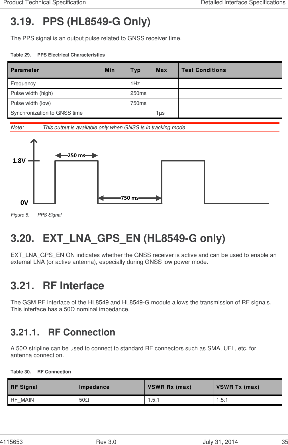 4115653  Rev 3.0  July 31, 2014  35 Product Technical Specification Detailed Interface Specifications 3.19.  PPS (HL8549-G Only) The PPS signal is an output pulse related to GNSS receiver time. Table 29.  PPS Electrical Characteristics Parameter Min Typ Max Test Conditions Frequency  1Hz   Pulse width (high)  250ms   Pulse width (low)  750ms   Synchronization to GNSS time   1µs  Note:   This output is available only when GNSS is in tracking mode. 250 ms1.8V750 ms0V Figure 8.  PPS Signal 3.20.  EXT_LNA_GPS_EN (HL8549-G only) EXT_LNA_GPS_EN ON indicates whether the GNSS receiver is active and can be used to enable an external LNA (or active antenna), especially during GNSS low power mode. 3.21.  RF Interface The GSM RF interface of the HL8549 and HL8549-G module allows the transmission of RF signals. This interface has a 50Ω nominal impedance. 3.21.1.  RF Connection A 50Ω stripline can be used to connect to standard RF connectors such as SMA, UFL, etc. for antenna connection. Table 30.  RF Connection RF Signal Impedance VSWR Rx (max) VSWR Tx (max) RF_MAIN 50Ω 1.5:1 1.5:1 