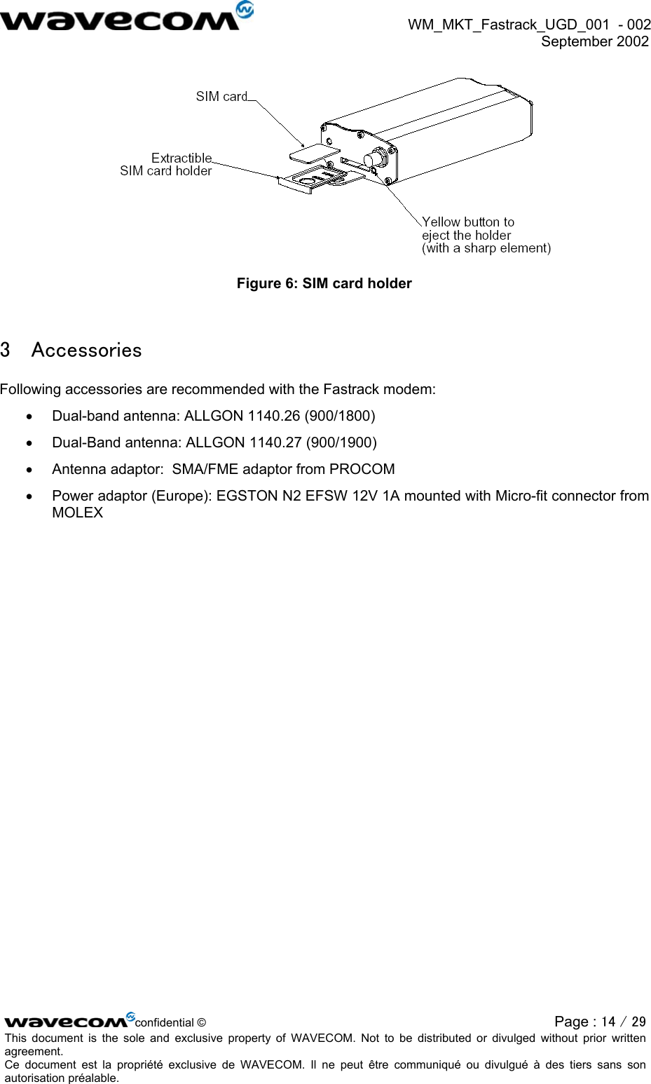  WM_MKT_Fastrack_UGD_001  - 002  September 2002    Figure 6: SIM card holder 3  Accessories Following accessories are recommended with the Fastrack modem: •  Dual-band antenna: ALLGON 1140.26 (900/1800) •  Dual-Band antenna: ALLGON 1140.27 (900/1900) •  Antenna adaptor:  SMA/FME adaptor from PROCOM •  Power adaptor (Europe): EGSTON N2 EFSW 12V 1A mounted with Micro-fit connector from MOLEX confidential © Page : 14 / 29This document is the sole and exclusive property of WAVECOM. Not to be distributed or divulged without prior written agreement.  Ce document est la propriété exclusive de WAVECOM. Il ne peut être communiqué ou divulgué à des tiers sans son autorisation préalable.  