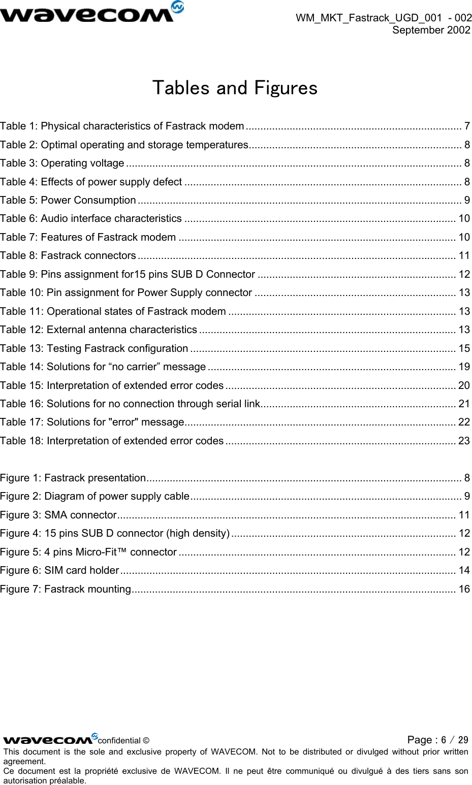  WM_MKT_Fastrack_UGD_001  - 002  September 2002   Tables and Figures Table 1: Physical characteristics of Fastrack modem .......................................................................... 7 Table 2: Optimal operating and storage temperatures......................................................................... 8 Table 3: Operating voltage ................................................................................................................... 8 Table 4: Effects of power supply defect ............................................................................................... 8 Table 5: Power Consumption ............................................................................................................... 9 Table 6: Audio interface characteristics ............................................................................................. 10 Table 7: Features of Fastrack modem ............................................................................................... 10 Table 8: Fastrack connectors ............................................................................................................. 11 Table 9: Pins assignment for15 pins SUB D Connector .................................................................... 12 Table 10: Pin assignment for Power Supply connector ..................................................................... 13 Table 11: Operational states of Fastrack modem .............................................................................. 13 Table 12: External antenna characteristics ........................................................................................ 13 Table 13: Testing Fastrack configuration ........................................................................................... 15 Table 14: Solutions for “no carrier” message ..................................................................................... 19 Table 15: Interpretation of extended error codes ............................................................................... 20 Table 16: Solutions for no connection through serial link................................................................... 21 Table 17: Solutions for &quot;error&quot; message............................................................................................. 22 Table 18: Interpretation of extended error codes ............................................................................... 23  Figure 1: Fastrack presentation............................................................................................................ 8 Figure 2: Diagram of power supply cable............................................................................................. 9 Figure 3: SMA connector.................................................................................................................... 11 Figure 4: 15 pins SUB D connector (high density) ............................................................................. 12 Figure 5: 4 pins Micro-Fit™ connector ............................................................................................... 12 Figure 6: SIM card holder................................................................................................................... 14 Figure 7: Fastrack mounting............................................................................................................... 16  confidential © Page : 6 / 29This document is the sole and exclusive property of WAVECOM. Not to be distributed or divulged without prior written agreement.  Ce document est la propriété exclusive de WAVECOM. Il ne peut être communiqué ou divulgué à des tiers sans son autorisation préalable.  