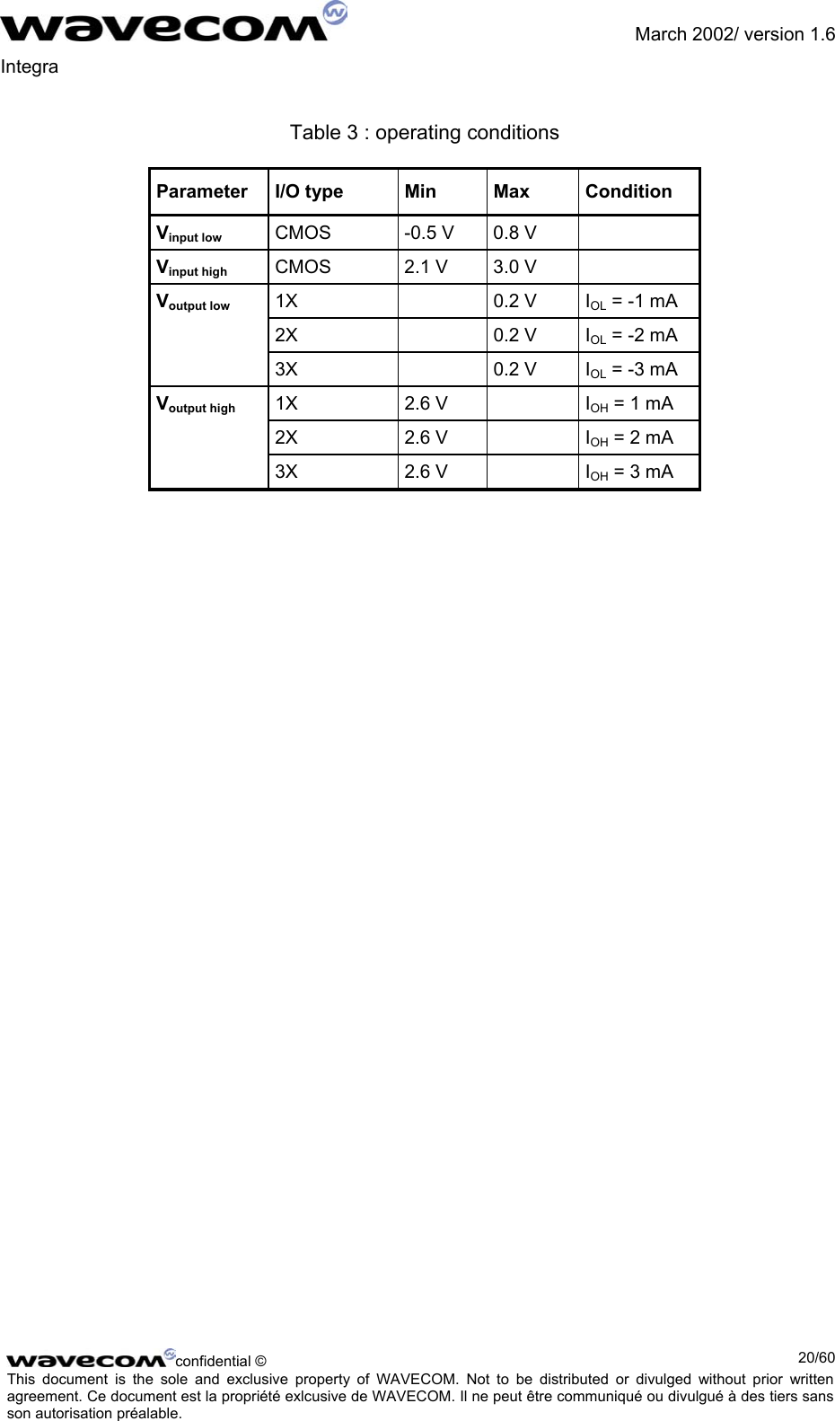               March 2002/ version 1.6 Integra   Table 3 : operating conditions Parameter I/O type  Min  Max  Condition Vinput low CMOS  -0.5 V  0.8 V   Vinput high CMOS  2.1 V  3.0 V   Voutput low 1X  0.2 V IOL = -1 mA  2X  0.2 V IOL = -2 mA  3X  0.2 V IOL = -3 mA Voutput high 1X 2.6 V  IOH = 1 mA  2X 2.6 V  IOH = 2 mA  3X 2.6 V  IOH = 3 mA  confidential ©  20/60This document is the sole and exclusive property of WAVECOM. Not to be distributed or divulged without prior written agreement. Ce document est la propriété exlcusive de WAVECOM. Il ne peut être communiqué ou divulgué à des tiers sans son autorisation préalable.  