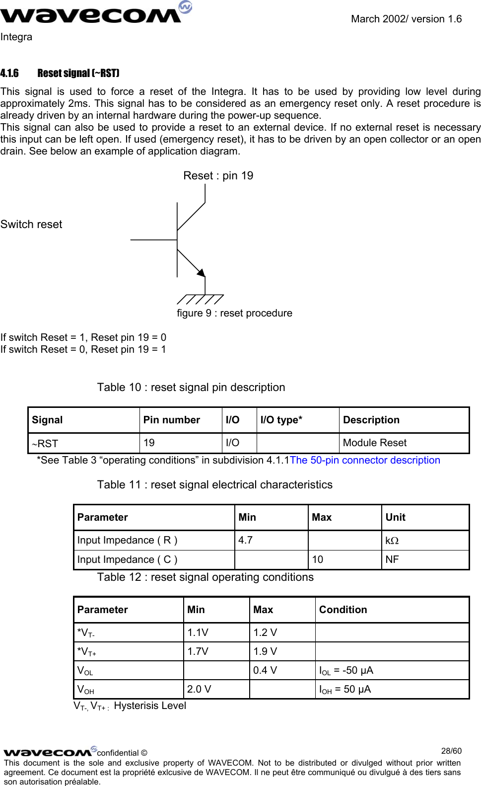               March 2002/ version 1.6 Integra   4.1.6  Reset signal (~RST) This signal is used to force a reset of the Integra. It has to be used by providing low level during approximately 2ms. This signal has to be considered as an emergency reset only. A reset procedure is already driven by an internal hardware during the power-up sequence. This signal can also be used to provide a reset to an external device. If no external reset is necessary this input can be left open. If used (emergency reset), it has to be driven by an open collector or an open drain. See below an example of application diagram.       Reset : pin 19     Switch reset      figure 9 : reset procedure If switch Reset = 1, Reset pin 19 = 0 If switch Reset = 0, Reset pin 19 = 1    Table 10 : reset signal pin description Signal  Pin number  I/O  I/O type*  Description ∼RST  19 I/O   Module Reset *See Table 3 “operating conditions” in subdivision 4.1.1The 50-pin connector description  Table 11 : reset signal electrical characteristics Parameter Min Max Unit Input Impedance ( R )  4.7    kΩ Input Impedance ( C )    10  NF Table 12 : reset signal operating conditions Parameter Min Max Condition *VT- 1.1V 1.2 V  *VT+ 1.7V 1.9 V  VOL  0.4 V IOL = -50 µA VOH 2.0 V  IOH = 50 µA VT-, VT+ :  Hysterisis Level  confidential ©  28/60This document is the sole and exclusive property of WAVECOM. Not to be distributed or divulged without prior written agreement. Ce document est la propriété exlcusive de WAVECOM. Il ne peut être communiqué ou divulgué à des tiers sans son autorisation préalable.  