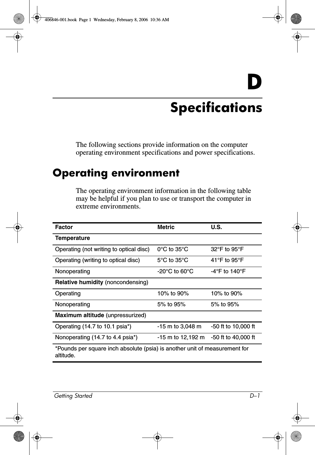 Getting Started D–1DSpecificationsThe following sections provide information on the computer operating environment specifications and power specifications.Operating environmentThe operating environment information in the following table may be helpful if you plan to use or transport the computer in extreme environments.Factor Metric U.S.TemperatureOperating (not writing to optical disc) 0°C to 35°C 32°F to 95°FOperating (writing to optical disc) 5°C to 35°C 41°F to 95°FNonoperating -20°C to 60°C -4°F to 140°FRelative humidity (noncondensing)Operating 10% to 90% 10% to 90%Nonoperating 5% to 95% 5% to 95%Maximum altitude (unpressurized)Operating (14.7 to 10.1 psia*) -15 m to 3,048 m -50 ft to 10,000 ftNonoperating (14.7 to 4.4 psia*) -15 m to 12,192 m -50 ft to 40,000 ft*Pounds per square inch absolute (psia) is another unit of measurement for altitude.406846-001.book  Page 1  Wednesday, February 8, 2006  10:36 AM