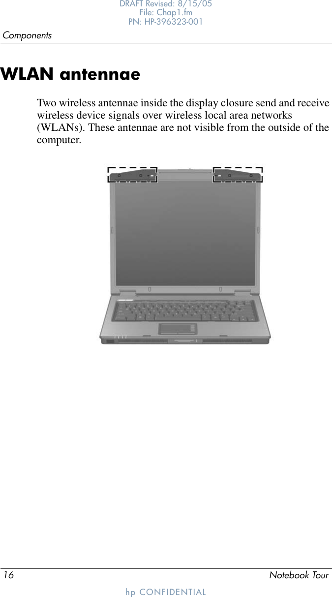 16 Notebook TourComponentsDRAFT Revised: 8/15/05File: Chap1.fm PN: HP-396323-001hp CONFIDENTIALWLAN antennaeTwo wireless antennae inside the display closure send and receive wireless device signals over wireless local area networks (WLANs). These antennae are not visible from the outside of the computer.