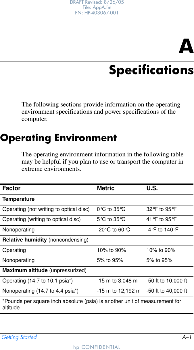 Getting Started A–1DRAFT Revised: 8/26/05File: AppA.fm PN: HP-403067-001hp CONFIDENTIALASpecificationsThe following sections provide information on the operating environment specifications and power specifications of the computer.Operating EnvironmentThe operating environment information in the following table may be helpful if you plan to use or transport the computer in extreme environments.Factor Metric U.S.TemperatureOperating (not writing to optical disc) 0°C to 35°C 32°F to 95°FOperating (writing to optical disc) 5°C to 35°C 41°F to 95°FNonoperating -20°C to 60°C -4°F to 140°FRelative humidity (noncondensing)Operating 10% to 90% 10% to 90%Nonoperating 5% to 95% 5% to 95%Maximum altitude (unpressurized)Operating (14.7 to 10.1 psia*) -15 m to 3,048 m -50 ft to 10,000 ftNonoperating (14.7 to 4.4 psia*) -15 m to 12,192 m -50 ft to 40,000 ft*Pounds per square inch absolute (psia) is another unit of measurement for altitude.