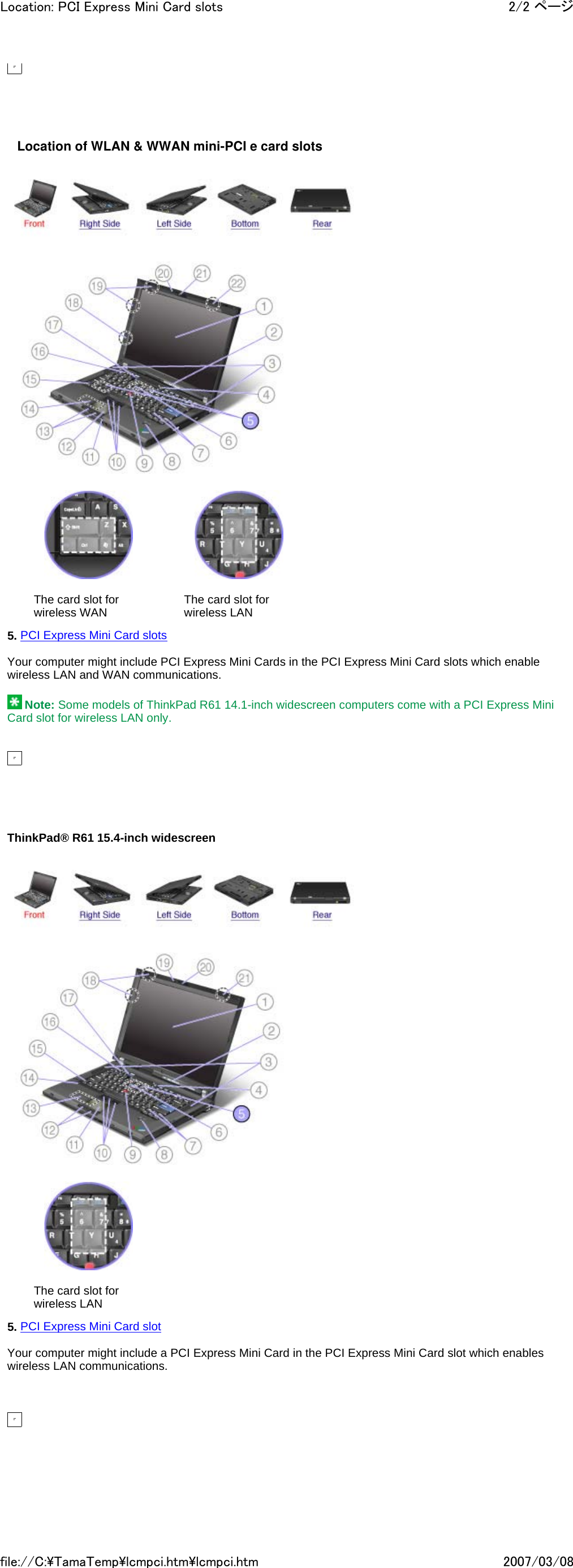             Location of WLAN &amp; WWAN mini-PCI e card slots           The card slot for wireless WAN   The card slot for wireless LAN     5. PCI Express Mini Card slots   Your computer might include PCI Express Mini Cards in the PCI Express Mini Card slots which enable wireless LAN and WAN communications.    Note: Some models of ThinkPad R61 14.1-inch widescreen computers come with a PCI Express Mini Card slot for wireless LAN only.                ThinkPad® R61 15.4-inch widescreen             The card slot for wireless LAN     5. PCI Express Mini Card slot   Your computer might include a PCI Express Mini Card in the PCI Express Mini Card slot which enables wireless LAN communications.            2/2 ページLocation: PCI Express Mini Card slots2007/03/08file://C:\TamaTemp\lcmpci.htm\lcmpci.htm