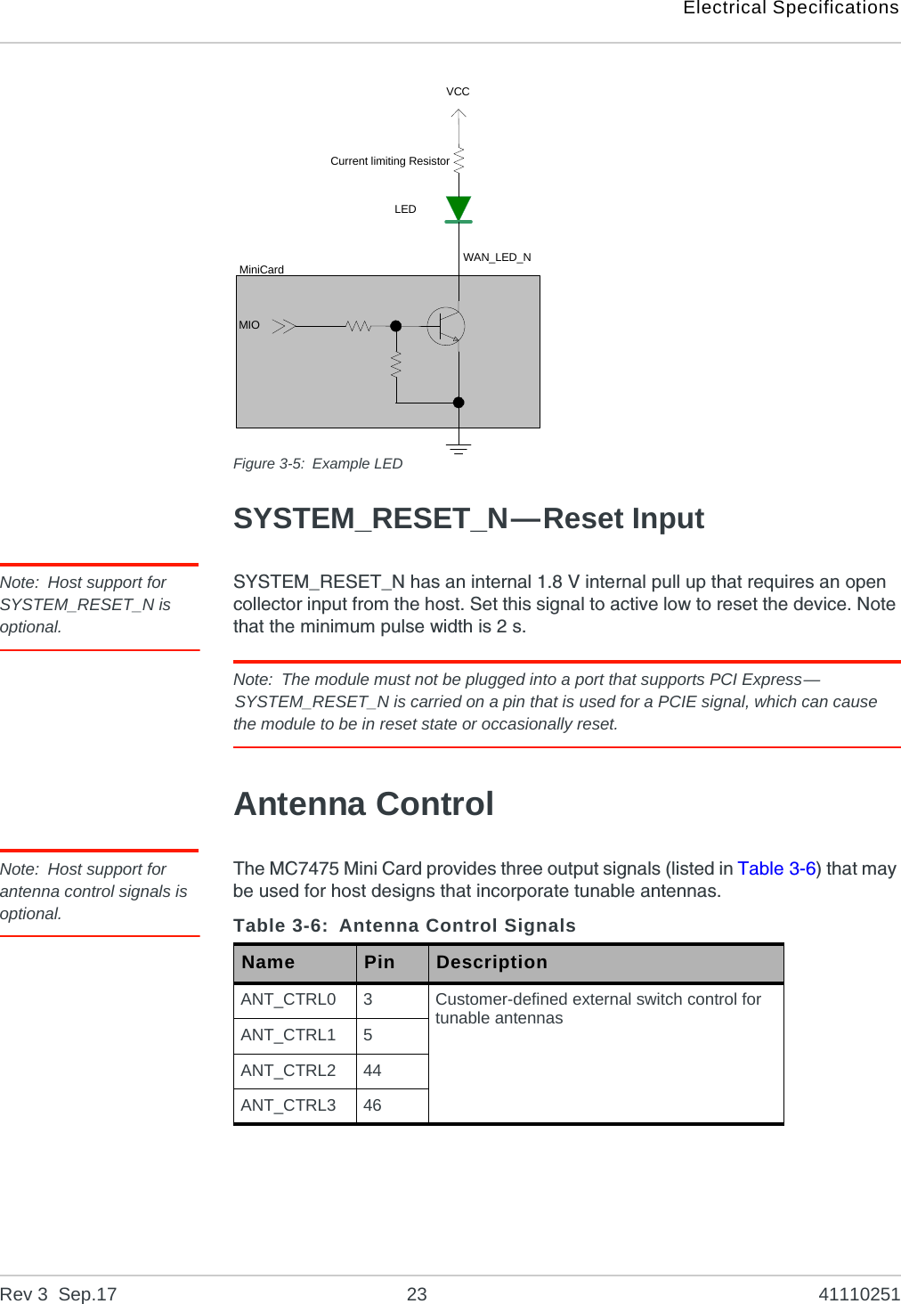 Electrical SpecificationsRev 3  Sep.17 23 41110251  Figure 3-5: Example LEDSYSTEM_RESET_N—Reset InputNote: Host support for SYSTEM_RESET_N is optional.SYSTEM_RESET_N has an internal 1.8 V internal pull up that requires an open collector input from the host. Set this signal to active low to reset the device. Note that the minimum pulse width is 2 s.Note: The module must not be plugged into a port that supports PCI Express—SYSTEM_RESET_N is carried on a pin that is used for a PCIE signal, which can cause the module to be in reset state or occasionally reset.Antenna ControlNote: Host support for antenna control signals is optional.The MC7475 Mini Card provides three output signals (listed in Table 3-6) that may be used for host designs that incorporate tunable antennas.Current limiting ResistorLEDVCCMIOMiniCard WAN_LED_NTable 3-6: Antenna Control SignalsName Pin DescriptionANT_CTRL0 3Customer-defined external switch control for tunable antennasANT_CTRL1 5ANT_CTRL2 44ANT_CTRL3 46