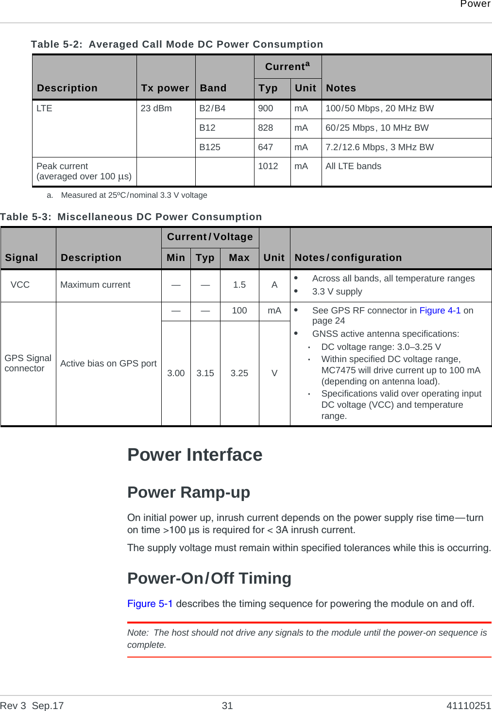 PowerRev 3  Sep.17 31 41110251Power InterfacePower Ramp-upOn initial power up, inrush current depends on the power supply rise time—turn on time &gt;100 µs is required for &lt; 3A inrush current.The supply voltage must remain within specified tolerances while this is occurring.Power-On/Off TimingFigure 5-1 describes the timing sequence for powering the module on and off.Note: The host should not drive any signals to the module until the power-on sequence is complete.Table 5-2: Averaged Call Mode DC Power ConsumptionDescription Tx power BandCurrentaNotesTyp UnitLTE 23 dBm B2/B4 900 mA 100/50 Mbps, 20 MHz BWB12 828 mA 60/25 Mbps, 10 MHz BWB125 647 mA 7.2/12.6 Mbps, 3 MHz BWPeak current(averaged over 100 s) 1012 mA All LTE bandsa. Measured at 25ºC/nominal 3.3 V voltageTable 5-3: Miscellaneous DC Power ConsumptionSignal DescriptionCurrent/VoltageUnit Notes/configurationMin Typ MaxVCC Maximum current — — 1.5 A•Across all bands, all temperature ranges•3.3 V supplyGPS Signalconnector Active bias on GPS port— — 100 mA •See GPS RF connector in Figure 4-1 on page 24•GNSS active antenna specifications:·DC voltage range: 3.0–3.25 V·Within specified DC voltage range, MC7475 will drive current up to 100 mA (depending on antenna load).·Specifications valid over operating input DC voltage (VCC) and temperature range.3.00 3.15 3.25 V