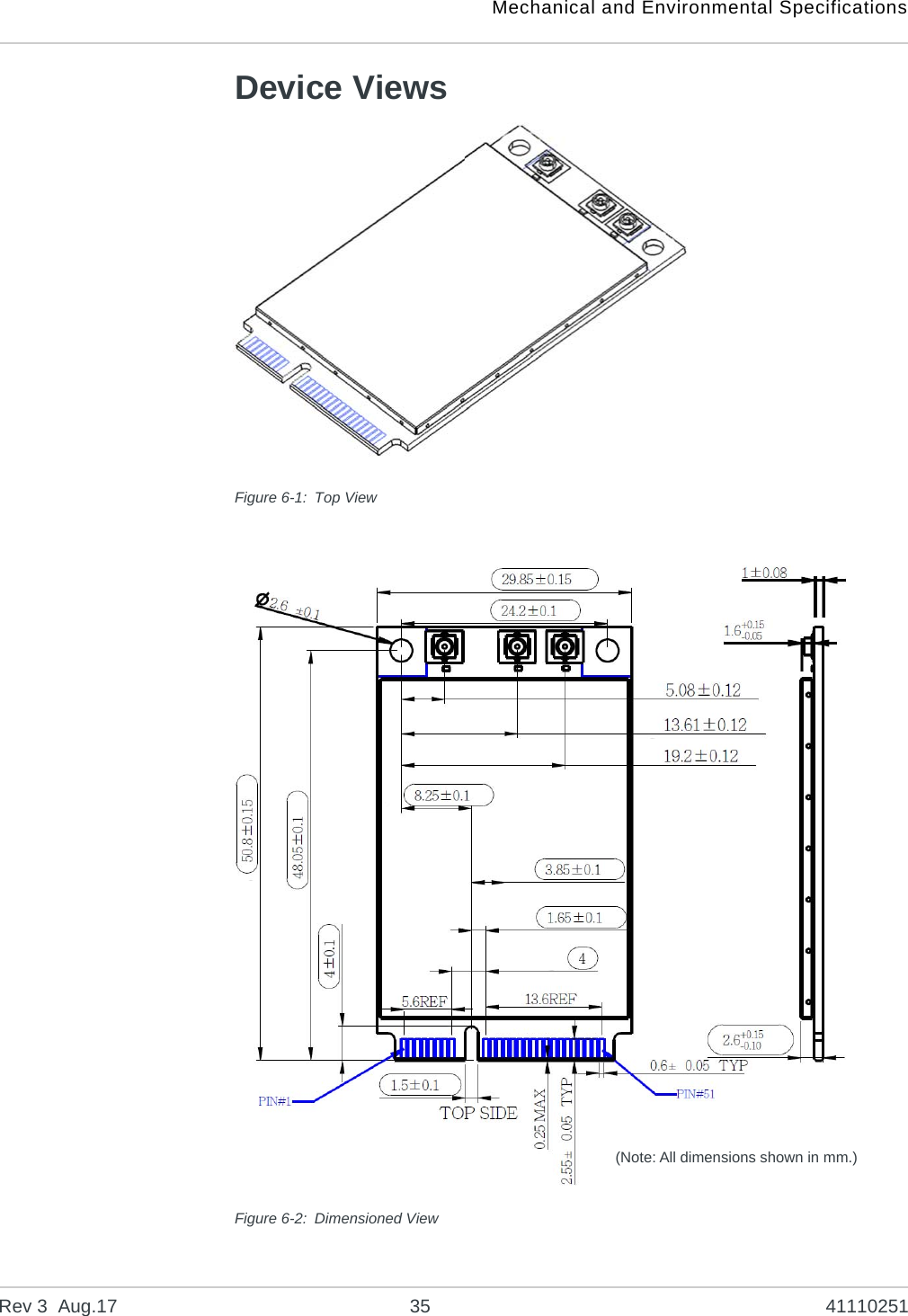 Mechanical and Environmental SpecificationsRev 3  Aug.17 35 41110251Device ViewsFigure 6-1: Top ViewFigure 6-2: Dimensioned View(Note: All dimensions shown in mm.)