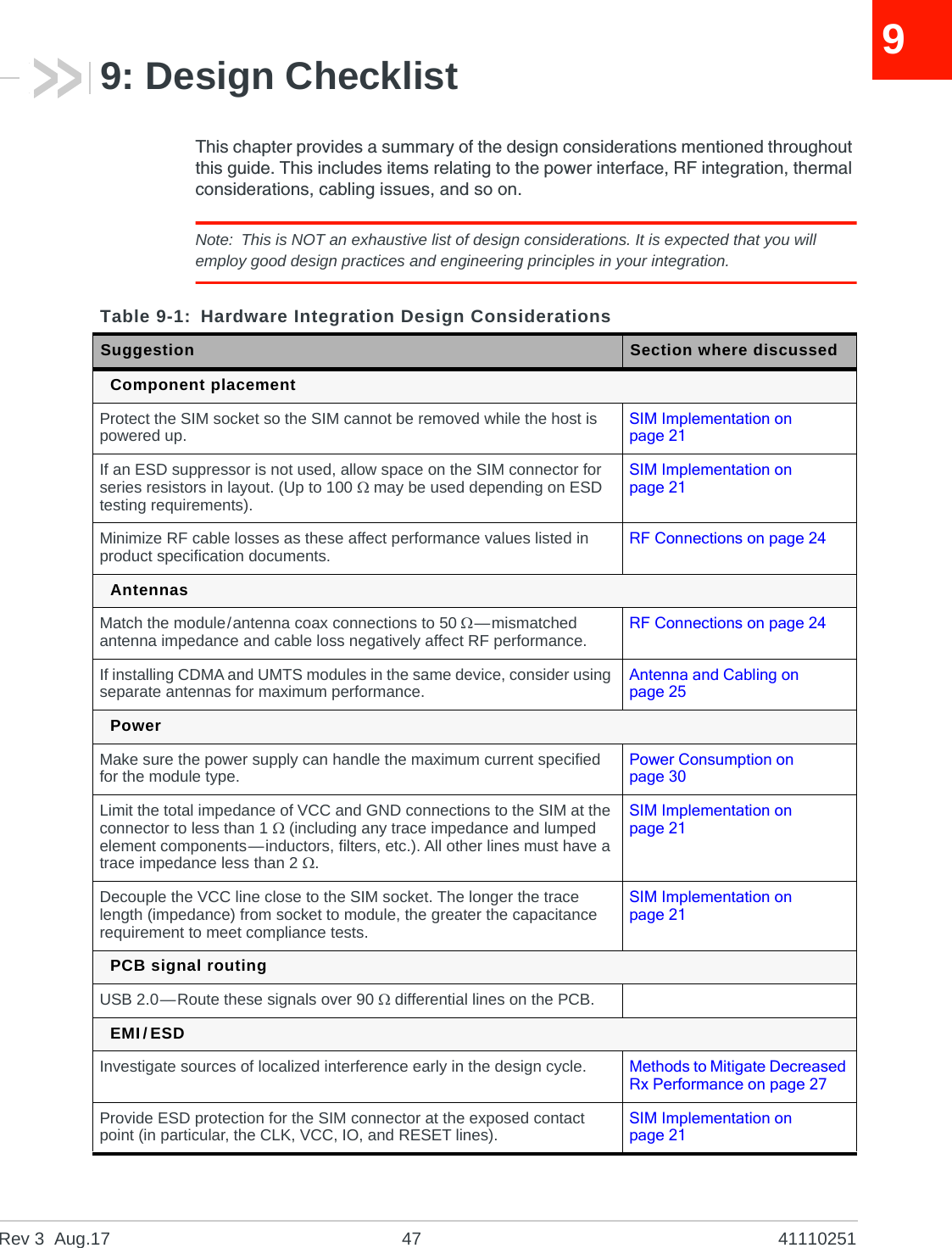Rev 3  Aug.17 47 4111025199: Design ChecklistThis chapter provides a summary of the design considerations mentioned throughout this guide. This includes items relating to the power interface, RF integration, thermal considerations, cabling issues, and so on.Note: This is NOT an exhaustive list of design considerations. It is expected that you will employ good design practices and engineering principles in your integration.Table 9-1: Hardware Integration Design ConsiderationsSuggestion Section where discussedComponent placementProtect the SIM socket so the SIM cannot be removed while the host is powered up. SIM Implementation on page 21If an ESD suppressor is not used, allow space on the SIM connector for series resistors in layout. (Up to 100  may be used depending on ESD testing requirements).SIM Implementation on page 21Minimize RF cable losses as these affect performance values listed in product specification documents. RF Connections on page 24AntennasMatch the module/antenna coax connections to 50 —mismatched antenna impedance and cable loss negatively affect RF performance. RF Connections on page 24If installing CDMA and UMTS modules in the same device, consider using separate antennas for maximum performance. Antenna and Cabling on page 25PowerMake sure the power supply can handle the maximum current specified for the module type. Power Consumption on page 30Limit the total impedance of VCC and GND connections to the SIM at the connector to less than 1  (including any trace impedance and lumped element components—inductors, filters, etc.). All other lines must have a trace impedance less than 2 .SIM Implementation on page 21Decouple the VCC line close to the SIM socket. The longer the trace length (impedance) from socket to module, the greater the capacitance requirement to meet compliance tests.SIM Implementation on page 21PCB signal routingUSB 2.0—Route these signals over 90  differential lines on the PCB.EMI/ESDInvestigate sources of localized interference early in the design cycle. Methods to Mitigate Decreased Rx Performance on page 27Provide ESD protection for the SIM connector at the exposed contact point (in particular, the CLK, VCC, IO, and RESET lines). SIM Implementation on page 21