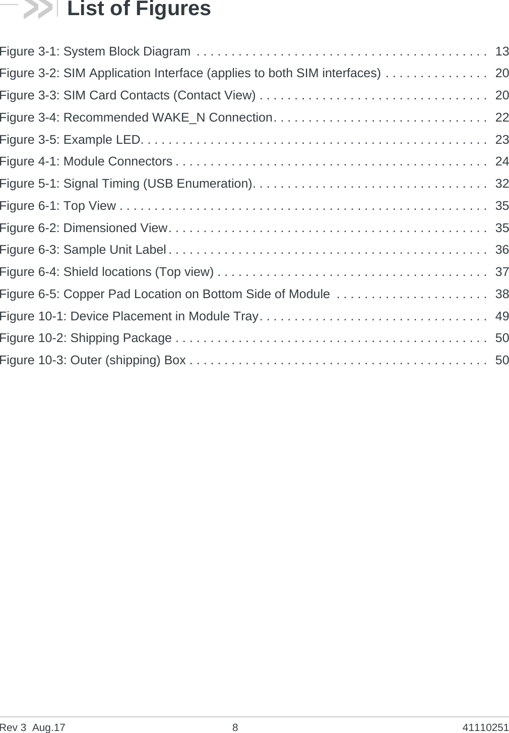 Rev 3  Aug.17 8 41110251List of FiguresFigure 3-1: System Block Diagram  . . . . . . . . . . . . . . . . . . . . . . . . . . . . . . . . . . . . . . . . . .  13Figure 3-2: SIM Application Interface (applies to both SIM interfaces) . . . . . . . . . . . . . . .  20Figure 3-3: SIM Card Contacts (Contact View) . . . . . . . . . . . . . . . . . . . . . . . . . . . . . . . . .  20Figure 3-4: Recommended WAKE_N Connection. . . . . . . . . . . . . . . . . . . . . . . . . . . . . . .  22Figure 3-5: Example LED. . . . . . . . . . . . . . . . . . . . . . . . . . . . . . . . . . . . . . . . . . . . . . . . . .  23Figure 4-1: Module Connectors . . . . . . . . . . . . . . . . . . . . . . . . . . . . . . . . . . . . . . . . . . . . .  24Figure 5-1: Signal Timing (USB Enumeration). . . . . . . . . . . . . . . . . . . . . . . . . . . . . . . . . .  32Figure 6-1: Top View . . . . . . . . . . . . . . . . . . . . . . . . . . . . . . . . . . . . . . . . . . . . . . . . . . . . .  35Figure 6-2: Dimensioned View. . . . . . . . . . . . . . . . . . . . . . . . . . . . . . . . . . . . . . . . . . . . . .  35Figure 6-3: Sample Unit Label . . . . . . . . . . . . . . . . . . . . . . . . . . . . . . . . . . . . . . . . . . . . . .  36Figure 6-4: Shield locations (Top view) . . . . . . . . . . . . . . . . . . . . . . . . . . . . . . . . . . . . . . .  37Figure 6-5: Copper Pad Location on Bottom Side of Module  . . . . . . . . . . . . . . . . . . . . . .  38Figure 10-1: Device Placement in Module Tray. . . . . . . . . . . . . . . . . . . . . . . . . . . . . . . . .  49Figure 10-2: Shipping Package . . . . . . . . . . . . . . . . . . . . . . . . . . . . . . . . . . . . . . . . . . . . .  50Figure 10-3: Outer (shipping) Box . . . . . . . . . . . . . . . . . . . . . . . . . . . . . . . . . . . . . . . . . . .  50