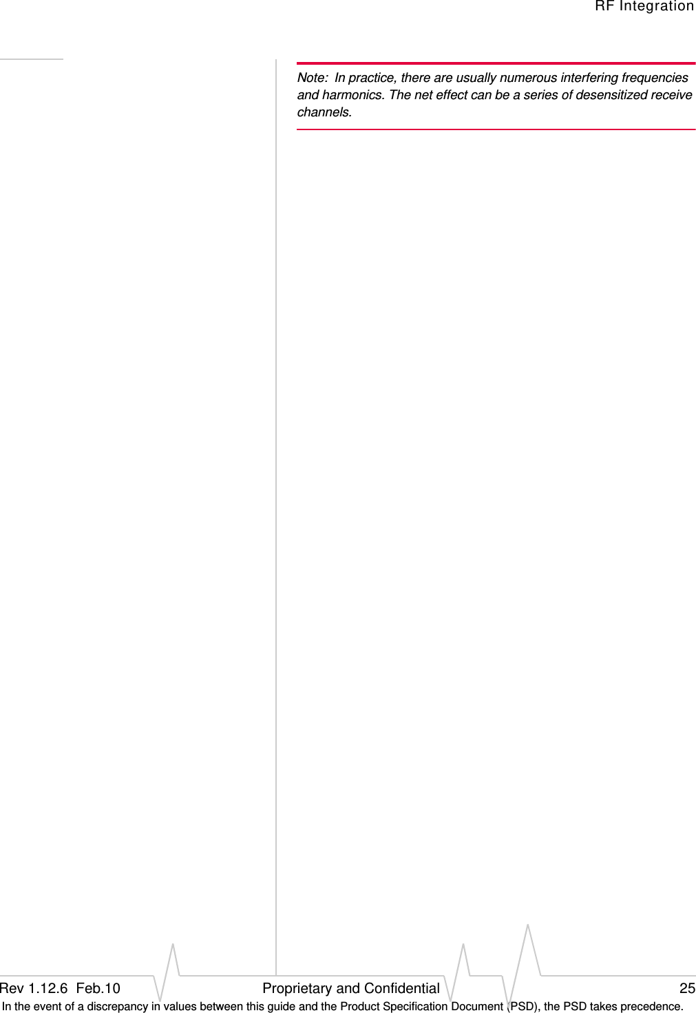 RF IntegrationRev 1.12.6  Feb.10   Proprietary and Confidential 25 In the event of a discrepancy in values between this guide and the Product Specification Document (PSD), the PSD takes precedence.Note: In practice, there are usually numerous interfering frequencies and harmonics. The net effect can be a series of desensitized receive channels.