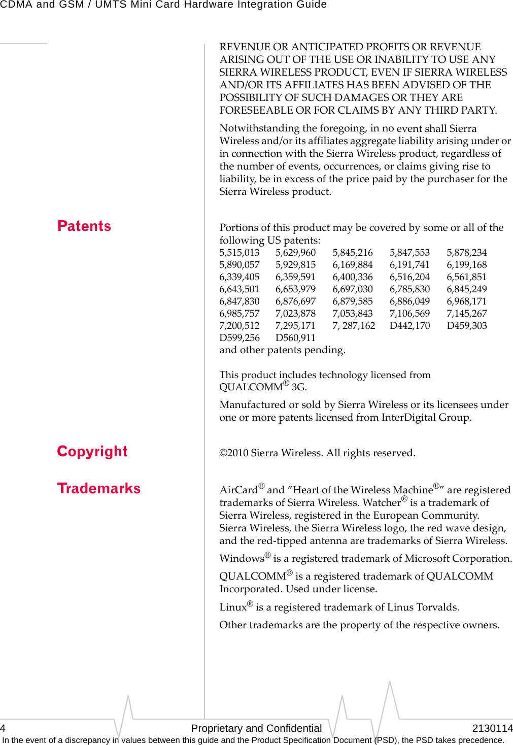 CDMA and GSM / UMTS Mini Card Hardware Integration Guide4 Proprietary and Confidential 2130114 In the event of a discrepancy in values between this guide and the Product Specification Document (PSD), the PSD takes precedence.REVENUEORANTICIPATEDPROFITSORREVENUEARISINGOUTOFTHEUSEORINABILITYTOUSEANYSIERRAWIRELESSPRODUCT,EVENIFSIERRAWIRELESSAND/ORITSAFFILIATESHASBEENADVISEDOFTHEPOSSIBILITYOFSUCHDAMAGESORTHEYAREFORESEEABLEORFORCLAIMSBYANYTHIRDPARTY.Notwithstandingtheforegoing,innoeventshallSierraWirelessand/oritsaffiliatesaggregateliabilityarisingunderorinconnectionwiththeSierraWirelessproduct,regardlessofthenumberofevents,occurrences,orclaimsgivingrisetoliability,beinexcessofthepricepaidbythepurchaserfortheSierraWirelessproduct.Patents PortionsofthisproductmaybecoveredbysomeorallofthefollowingUSpatents:5,515,013 5,629,960 5,845,216 5,847,553 5,878,2345,890,057 5,929,815 6,169,884 6,191,741 6,199,1686,339,405 6,359,591 6,400,336 6,516,204 6,561,8516,643,501 6,653,979 6,697,030 6,785,830 6,845,2496,847,830 6,876,697 6,879,585 6,886,049 6,968,1716,985,757 7,023,878 7,053,843 7,106,569 7,145,2677,200,512 7,295,171 7,287,162 D442,170 D459,303D599,256 D560,911andotherpatentspending.ThisproductincludestechnologylicensedfromQUALCOMM®3G.ManufacturedorsoldbySierraWirelessoritslicenseesunderoneormorepatentslicensedfromInterDigitalGroup.Copyright ©2010SierraWireless.Allrightsreserved.Trademarks AirCard®and“HeartoftheWirelessMachine®”areregisteredtrademarksofSierraWireless.Watcher®isatrademarkofSierraWireless,registeredintheEuropeanCommunity. SierraWireless,theSierraWirelesslogo,theredwavedesign,andthered‐tippedantennaaretrademarksofSierraWireless.Windows®isaregisteredtrademarkofMicrosoftCorporation.QUALCOMM®isaregisteredtrademarkofQUALCOMMIncorporated.Usedunderlicense.Linux®isaregisteredtrademarkofLinusTorvalds.Othertrademarksarethepropertyoftherespectiveowners.