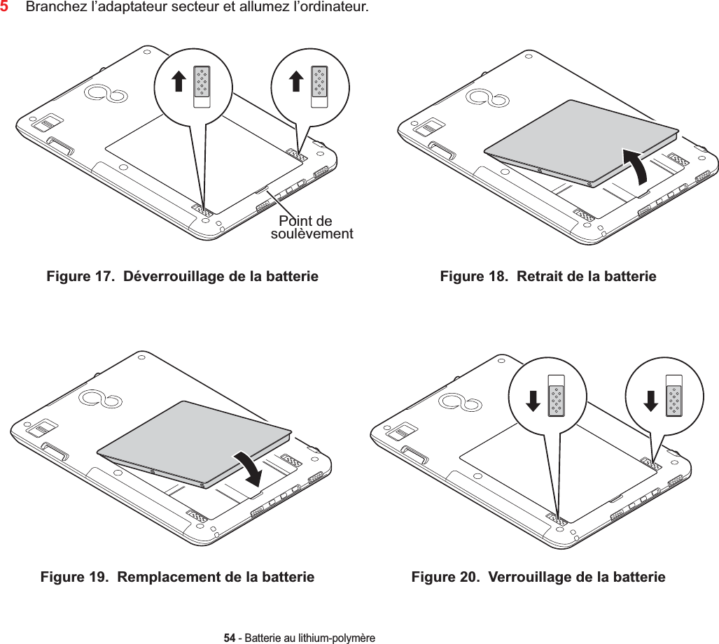 54 - Batterie au lithium-polymère5Branchez l’adaptateur secteur et allumez l’ordinateur.Point de soulèvementFigure 17.  Déverrouillage de la batterie Figure 18.  Retrait de la batterieFigure 19.  Remplacement de la batterie Figure 20.  Verrouillage de la batterie